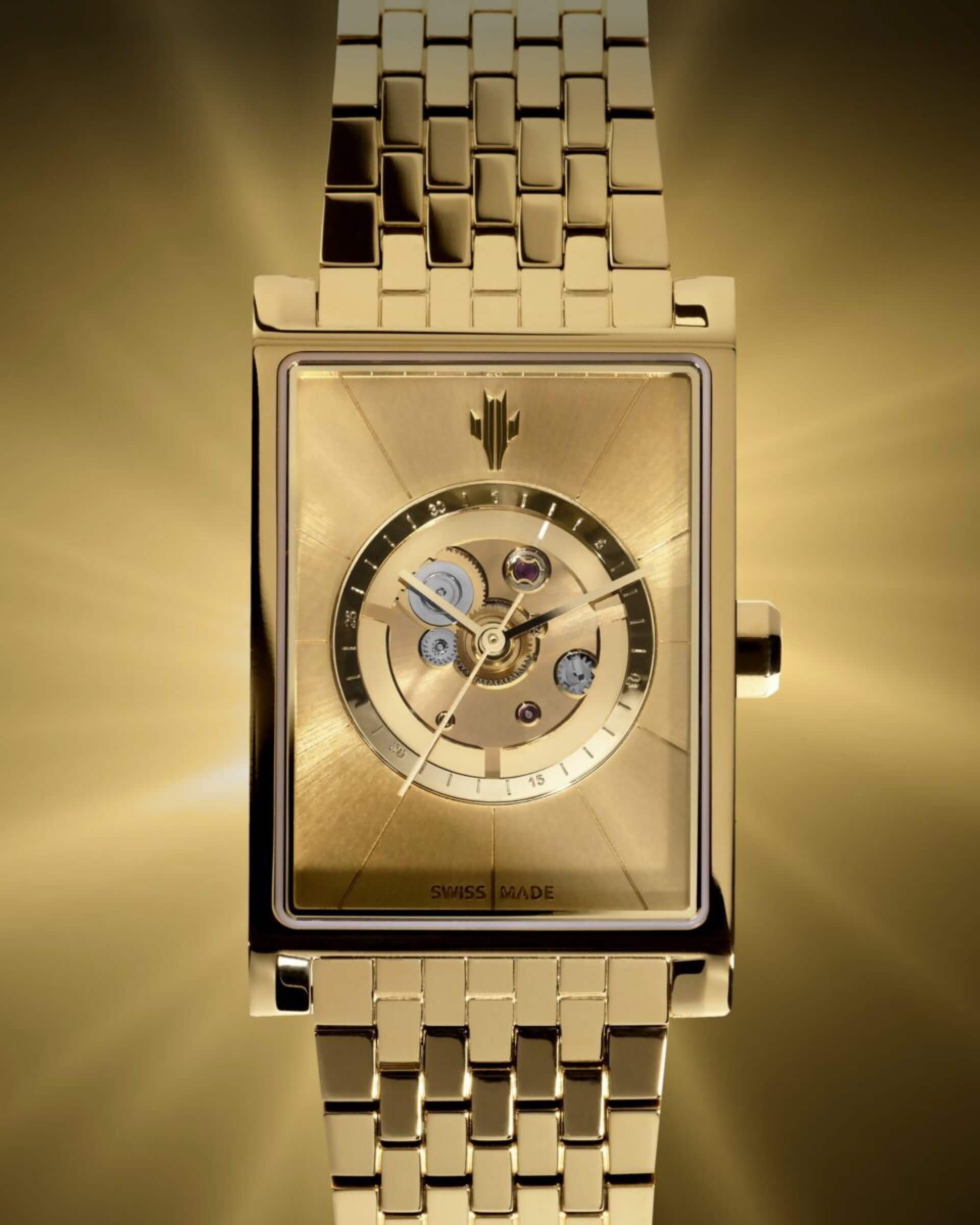 VIEREN Gold Sunray rectangular watch with brushed sunray skeleton dial