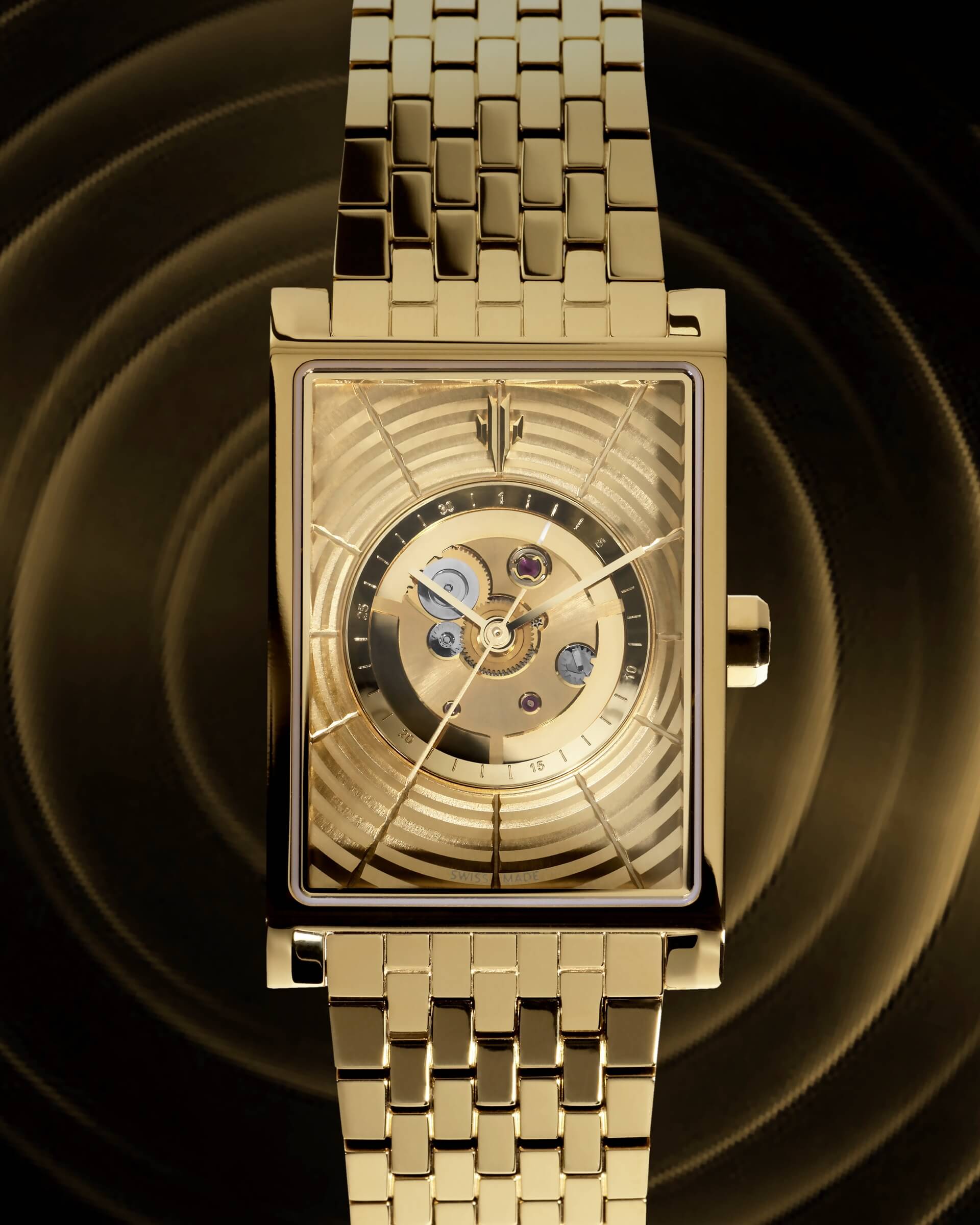 VIEREN Gold Waves rectangular watch with skeleton dial and Swiss Made automatic movement
