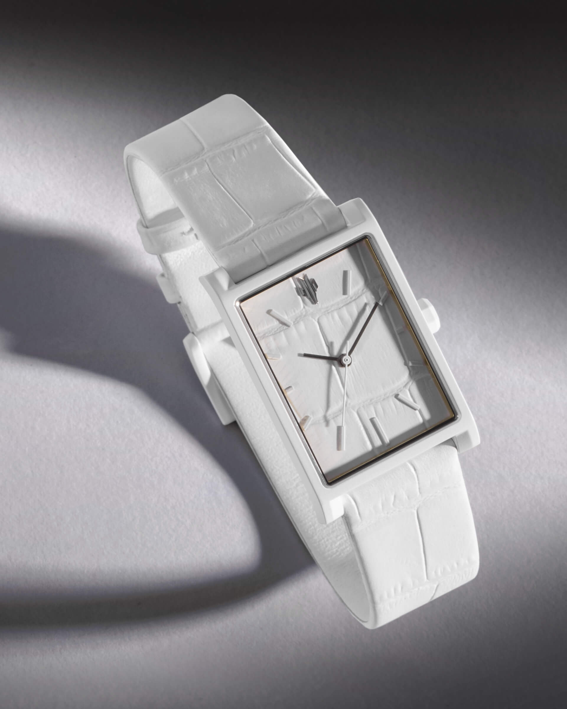 VIEREN White Croc leather rectangular watch with textured leather dial and matching strap