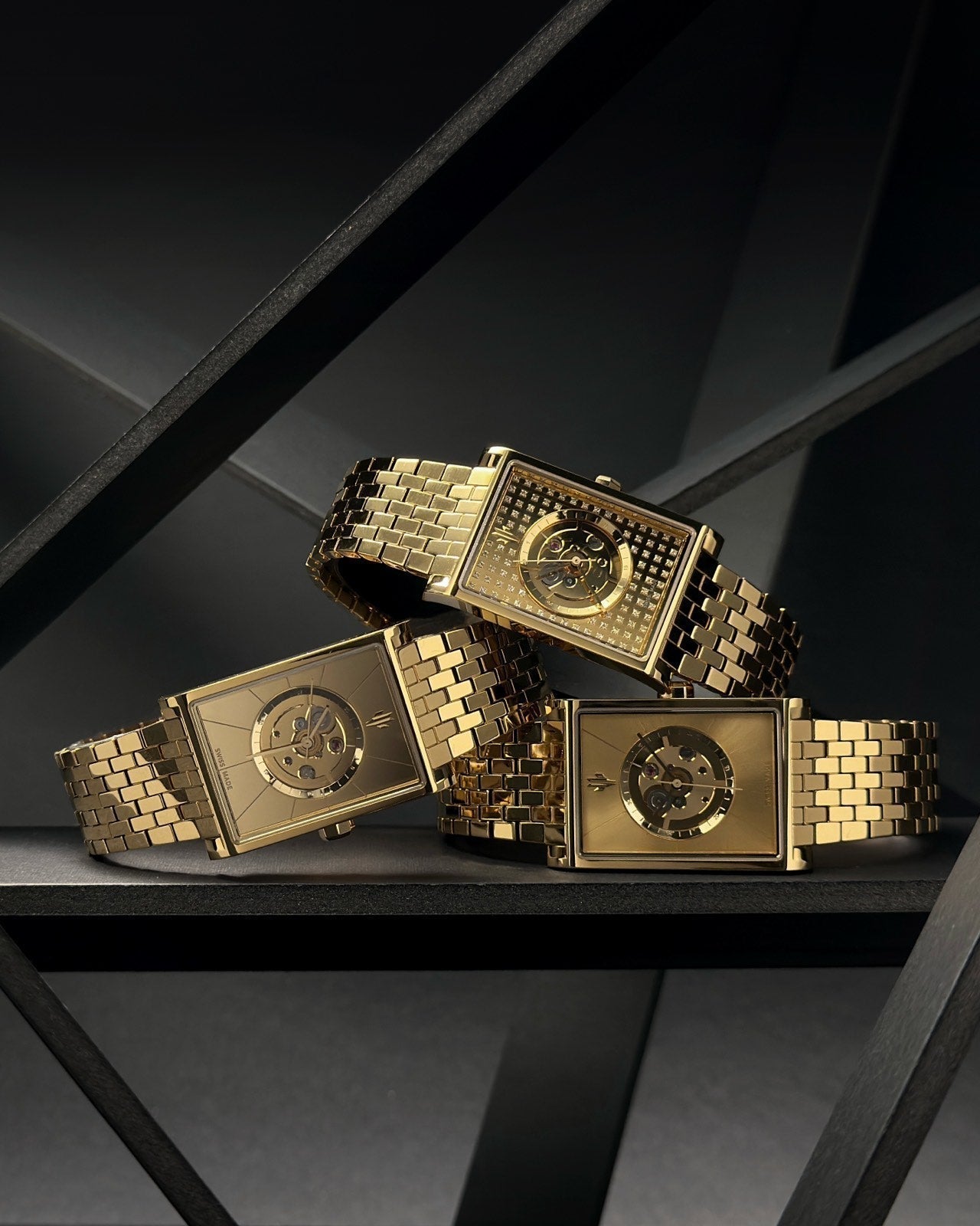 Modern luxury gold rectangular watches with Swiss automatic movements, diamond and skeleton dials trio