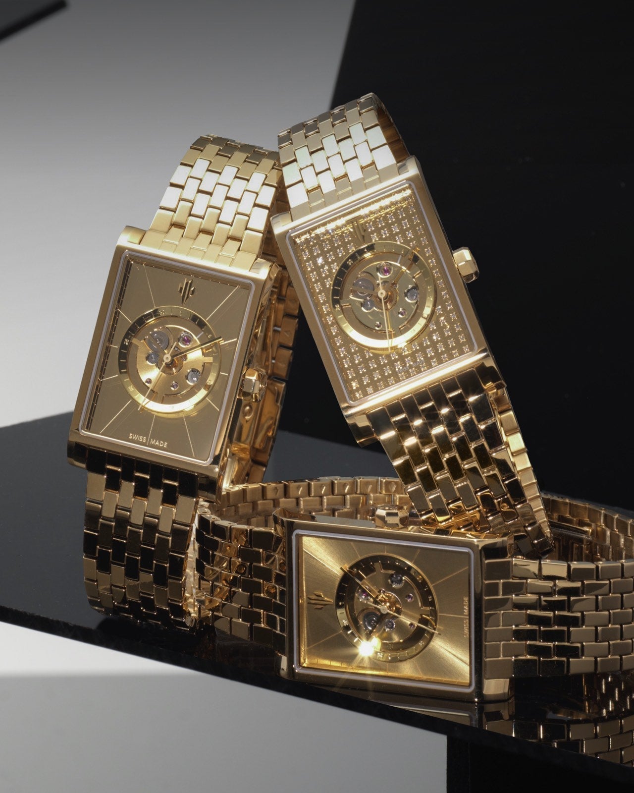 Luxury gold rectangular watches featuring Swiss automatic movements and skeleton dials trio