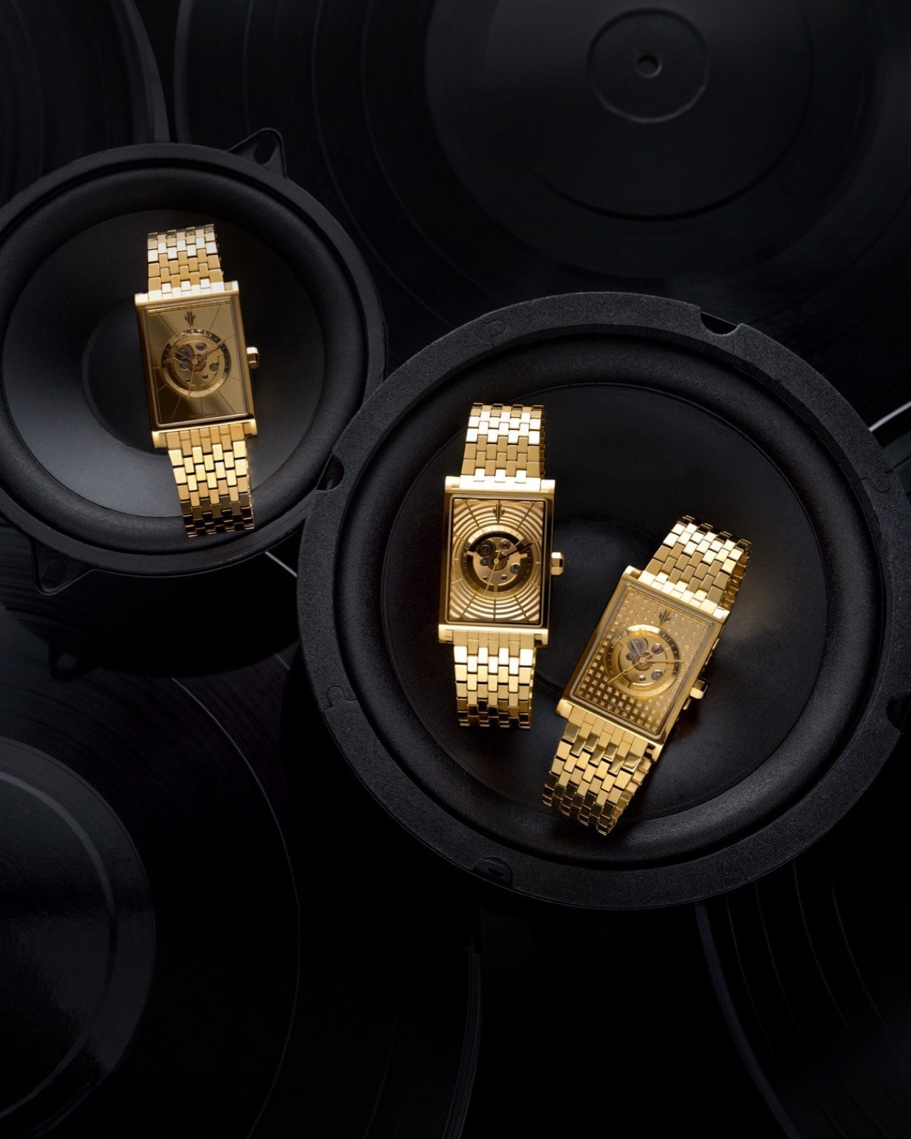 Luxury gold rectangular watches with Swiss automatic movements and diamond skeleton dials trio