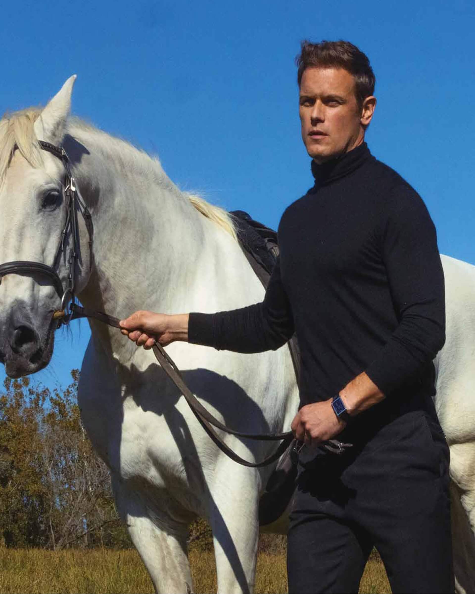 Sam Heughan wearing VIEREN Black Croc leather watch