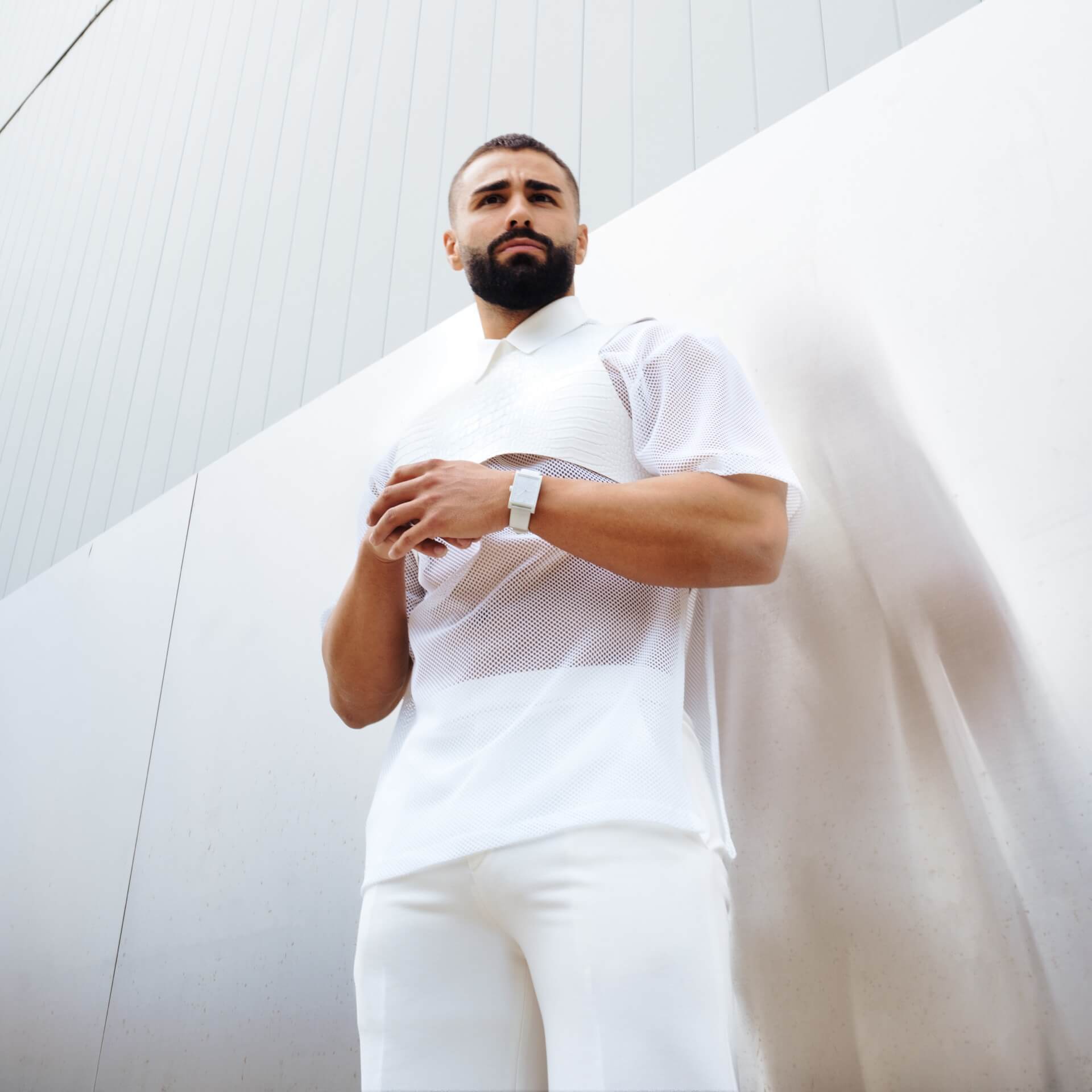 Nando Sirianni wearing VIEREN white crocodile leather rectangular watch for Highsnobiety