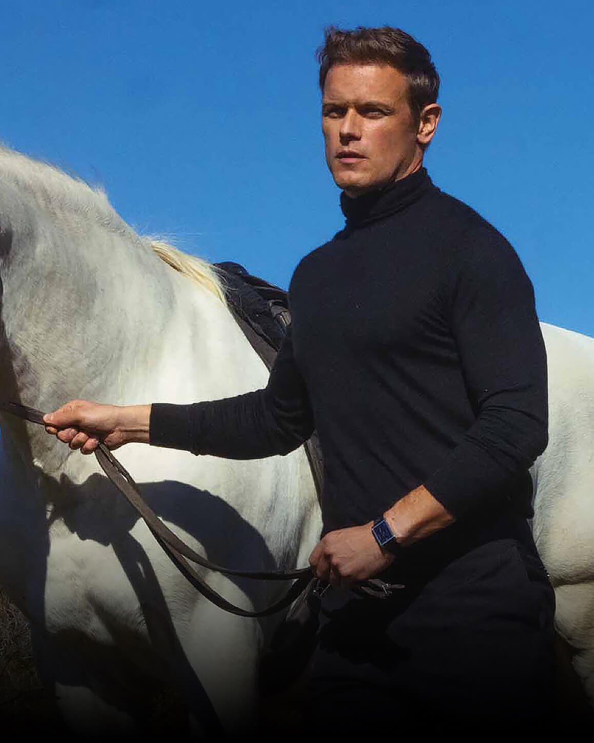 Outlander actor Sam Heughan wearing VIEREN Black Croc leather rectangular watch