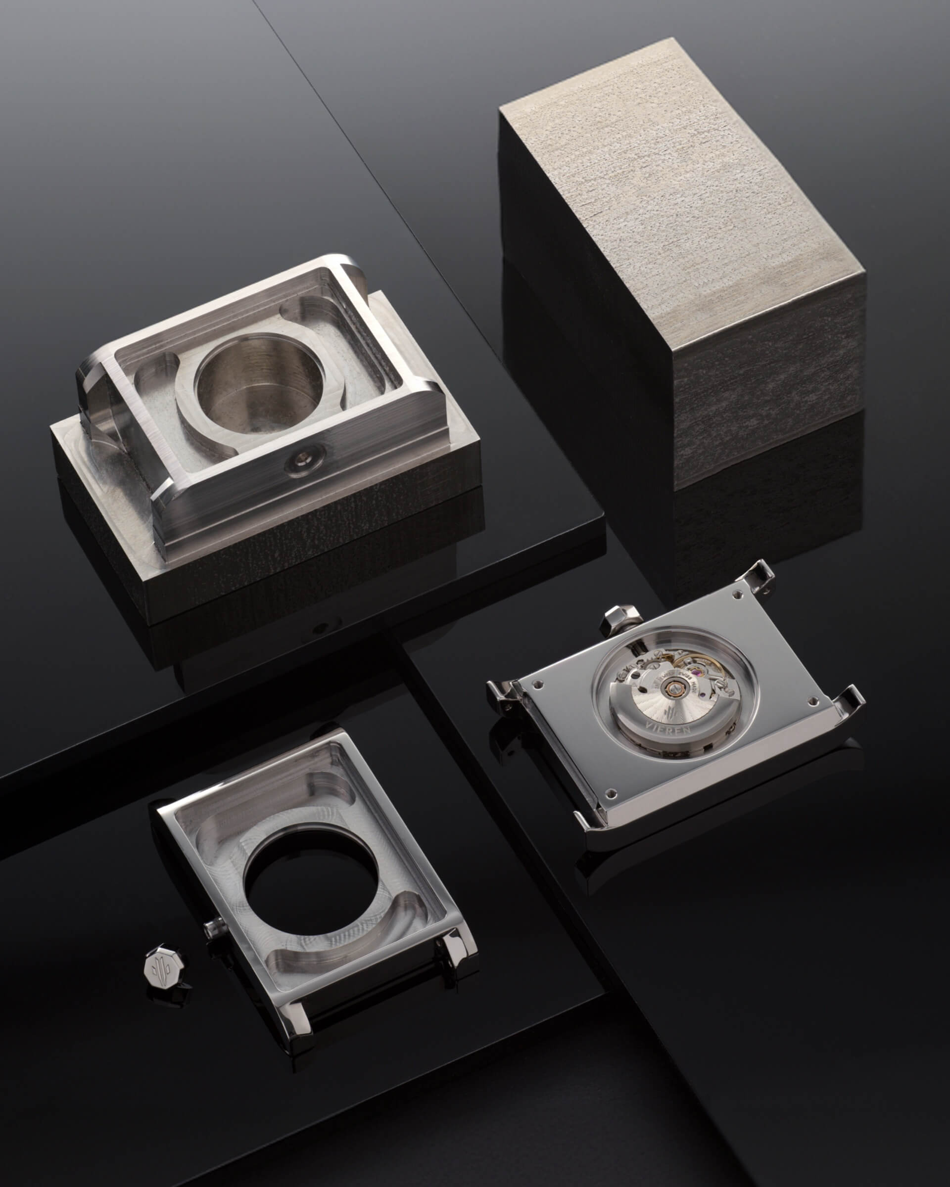 VIEREN rectangular watch case engineering stages from 316L stainless steel block to finished case