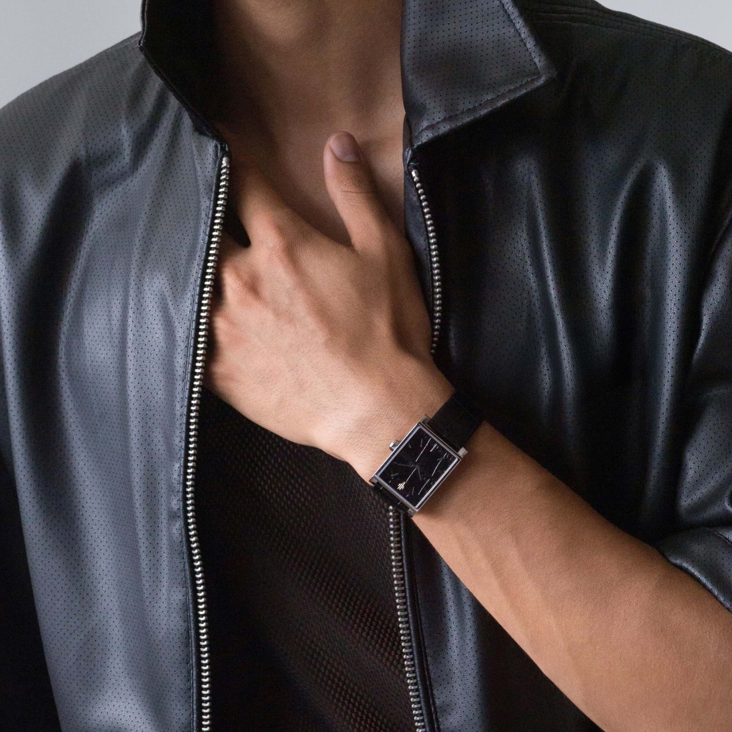 VIEREN Black Croc Leather men's rectangular watch Valentine's Day gift for him