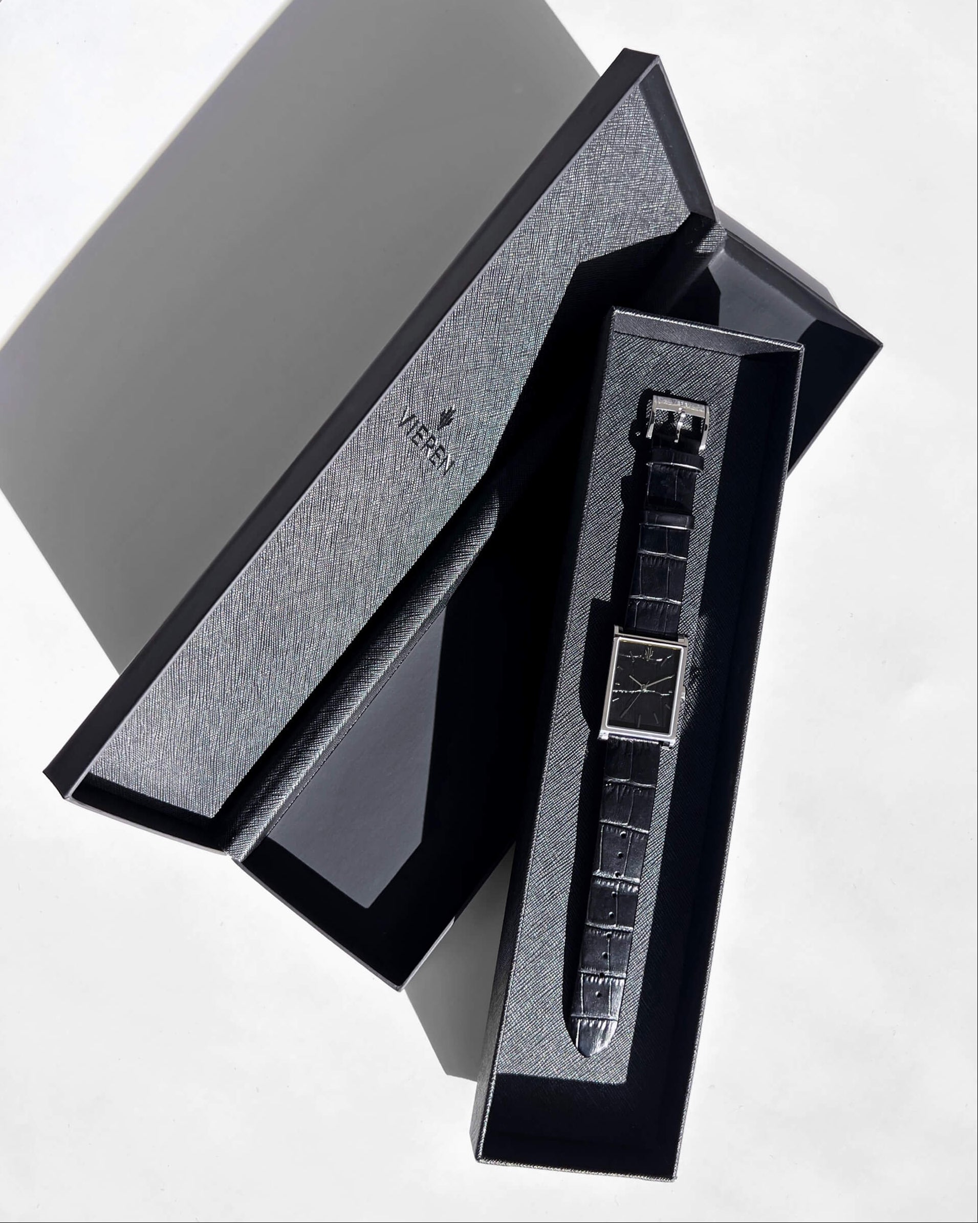 VIEREN black leather rectangular watch with luxury packaging, valet tray, and signature box set