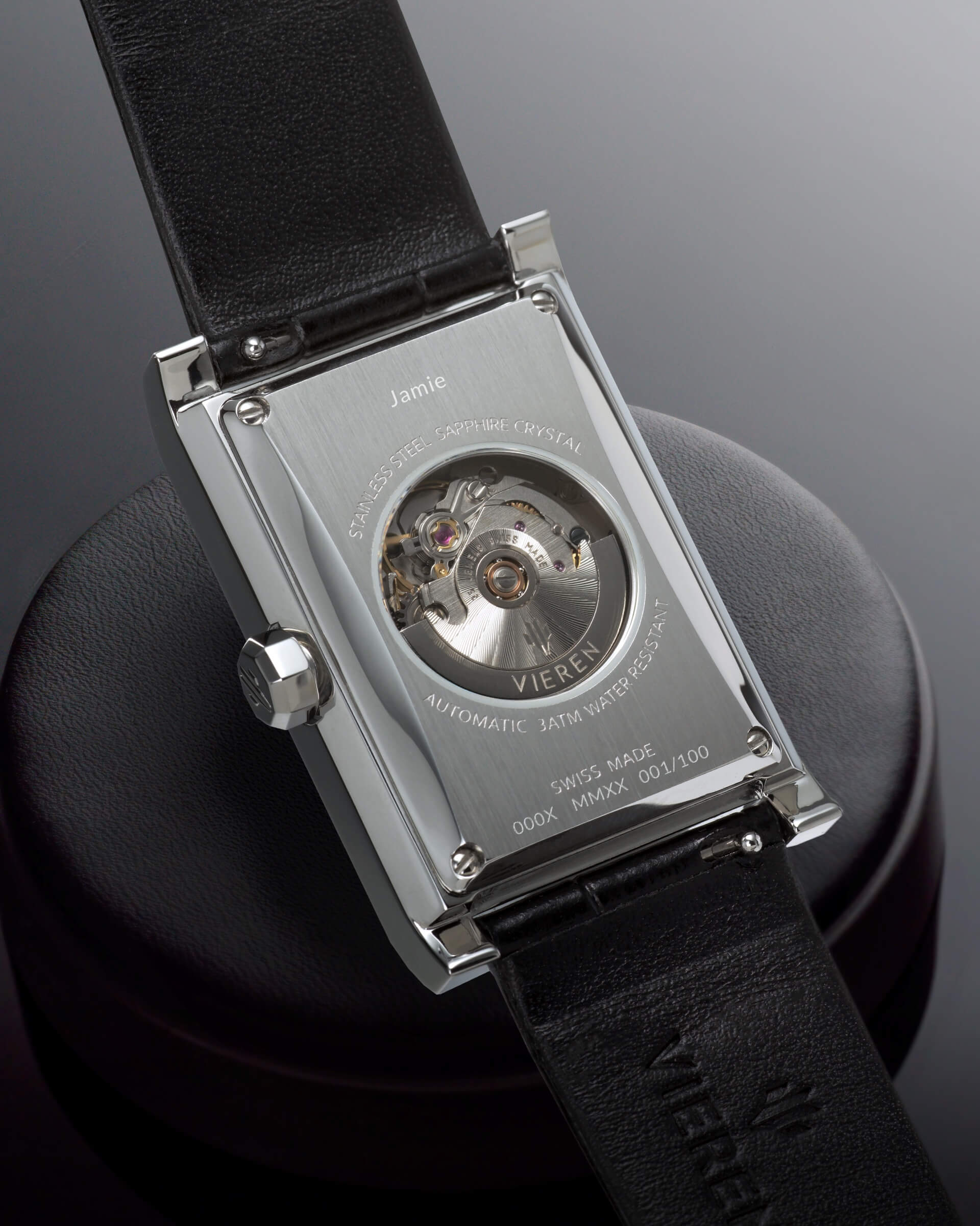 VIEREN Black Croc Leather rectangular watch caseback with personalized engraving
