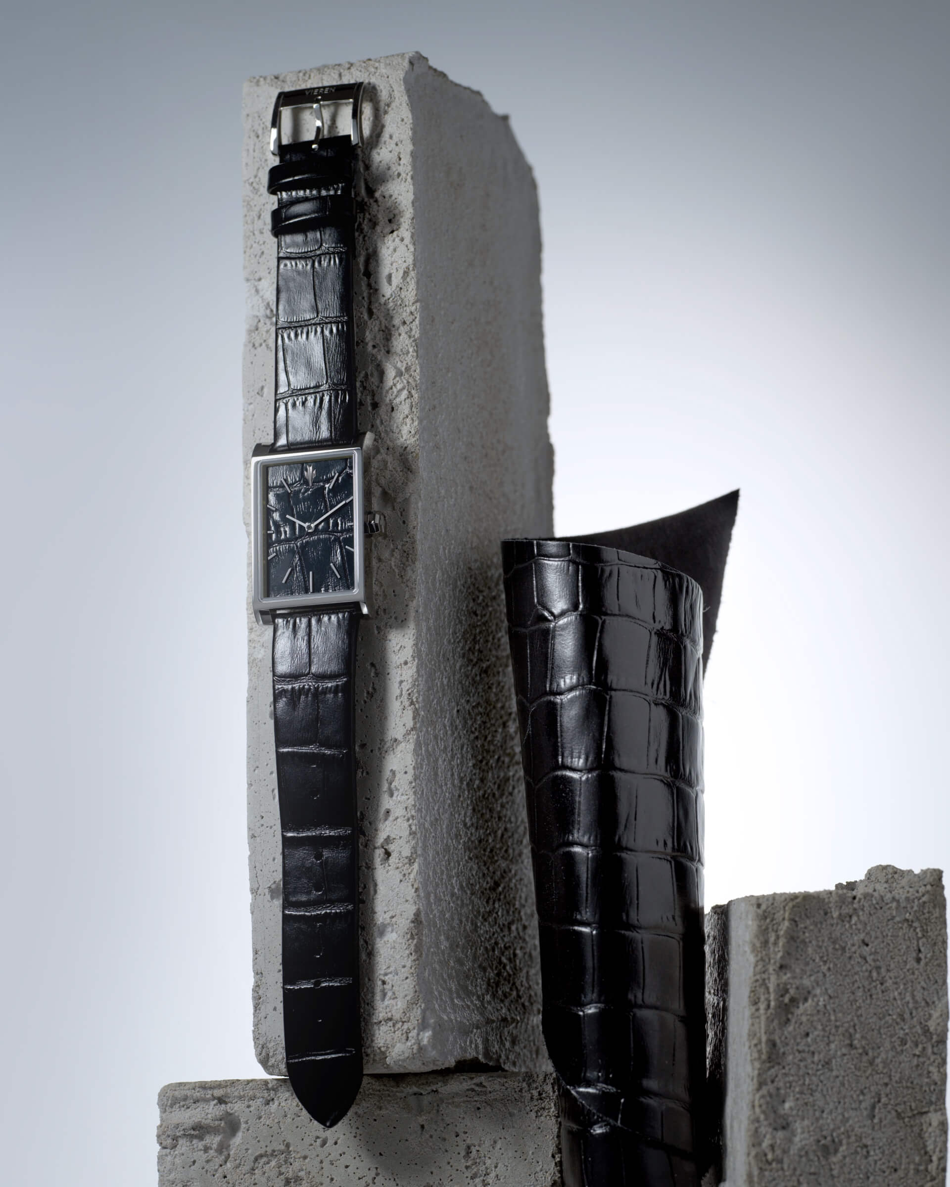 VIEREN Black Croc Leather rectangular watch inspired by modernist architecture design