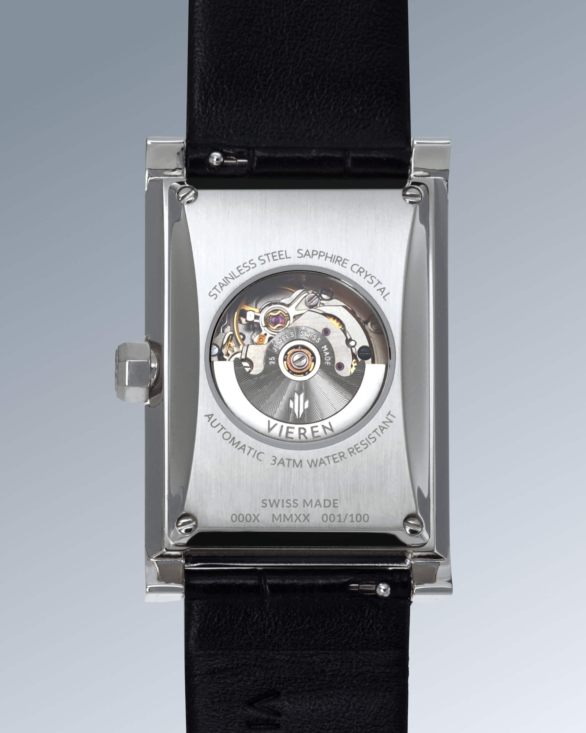 VIEREN Black Croc Leather rectangular watch with Swiss Made ETA 2671 automatic movement, 25 jewels, and 44-hour power reserve