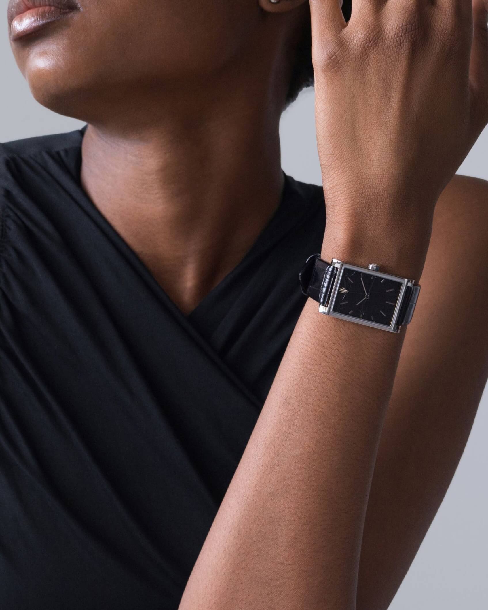 VIEREN Black Croc Leather women's rectangular watch holiday gift for her