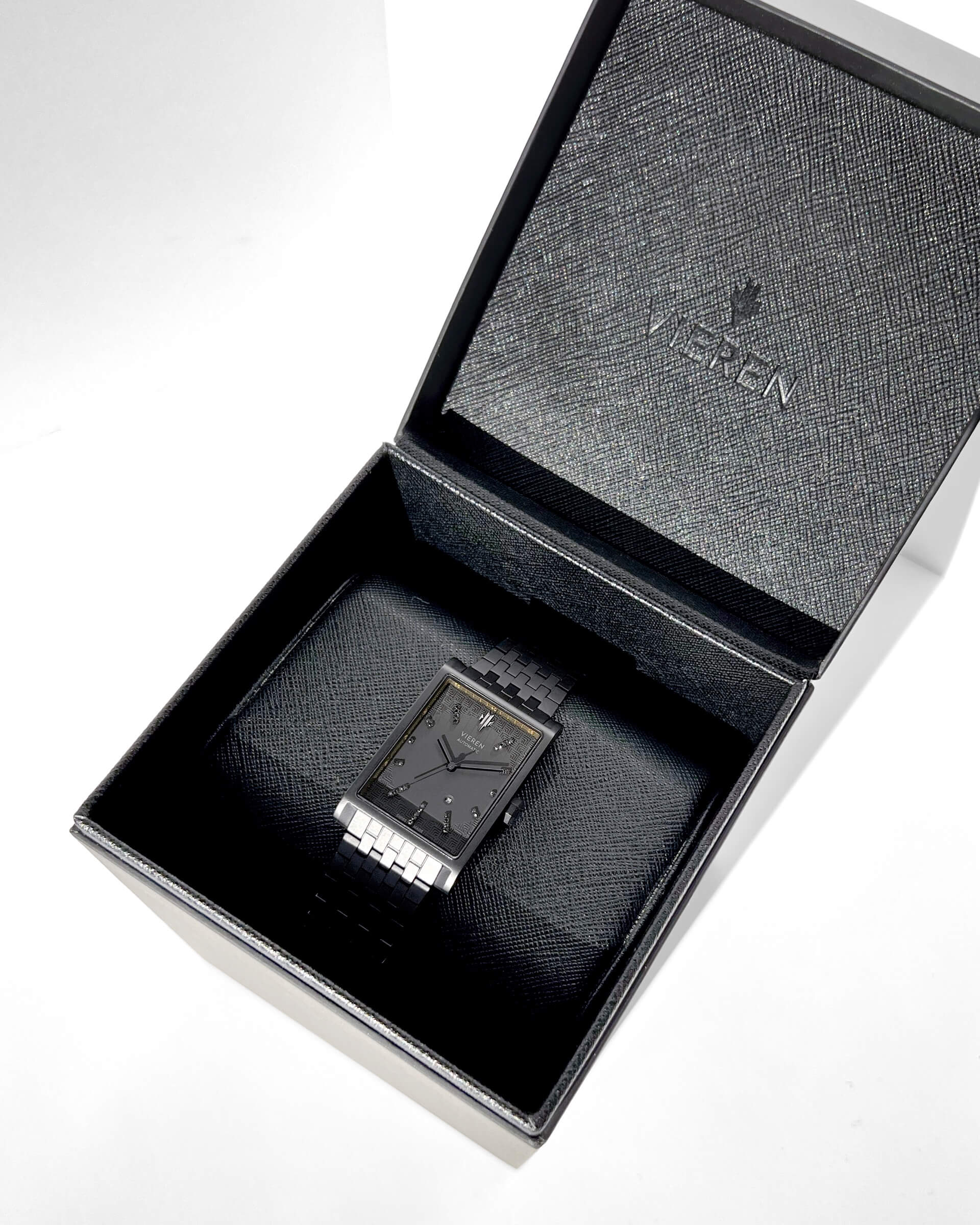 VIEREN Black Diamond rectangular watch with display stand and signature box set