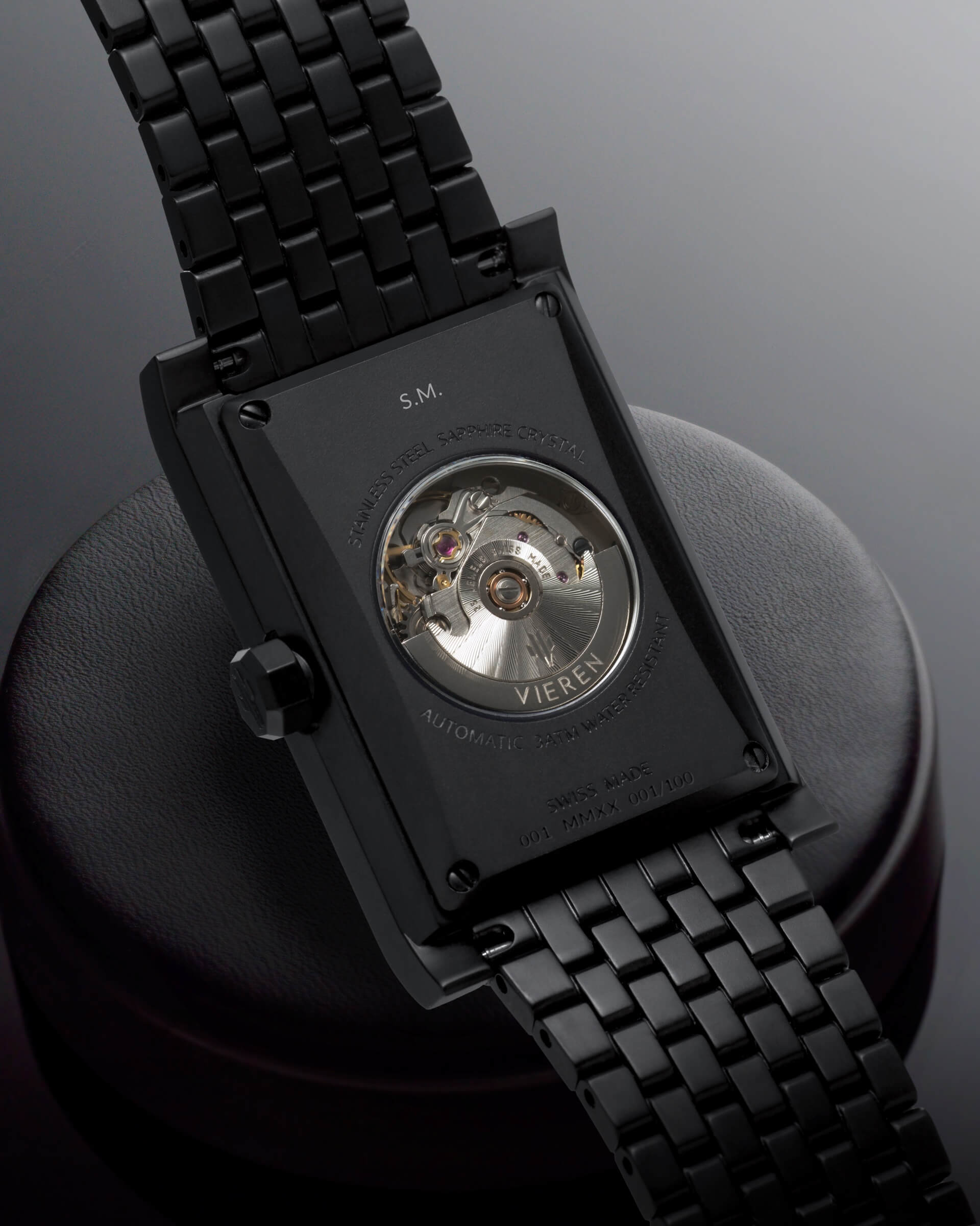 VIEREN Black Diamond rectangular watch caseback with personalized engraving