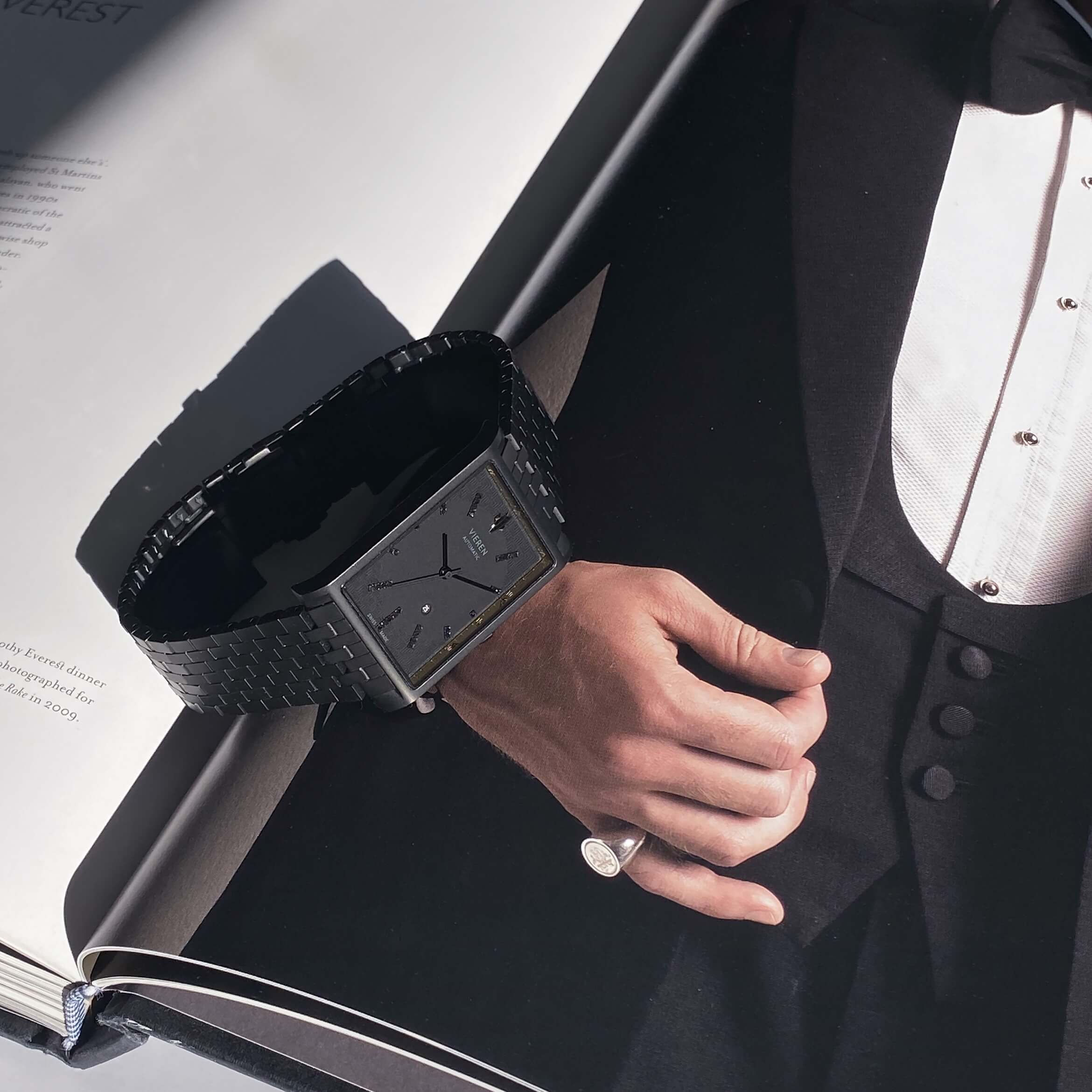 VIEREN Black Diamond rectangular watch for groom wedding gift