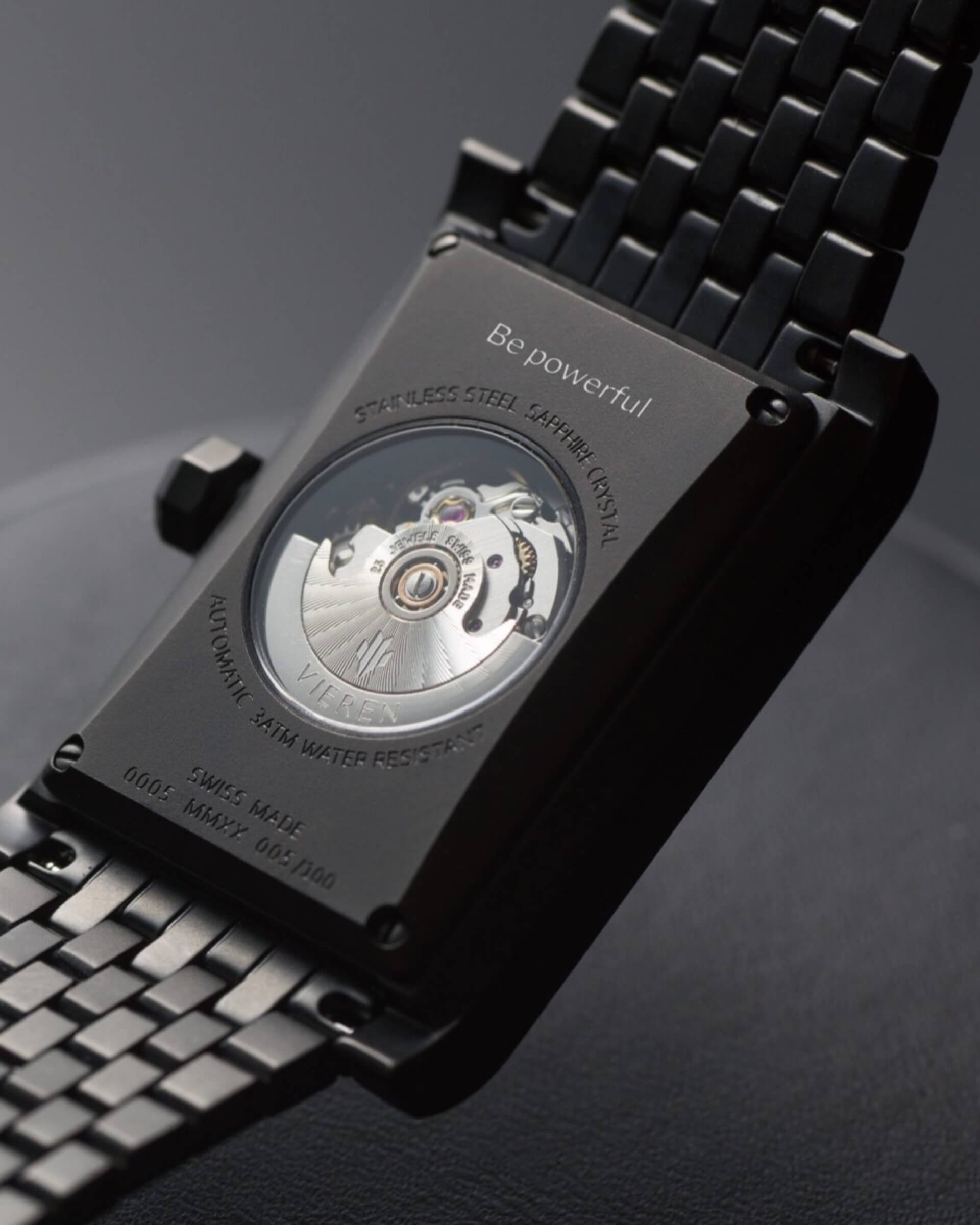 VIEREN black rectangular watch caseback with Swiss Made automatic movement and "Be Powerful" engraving