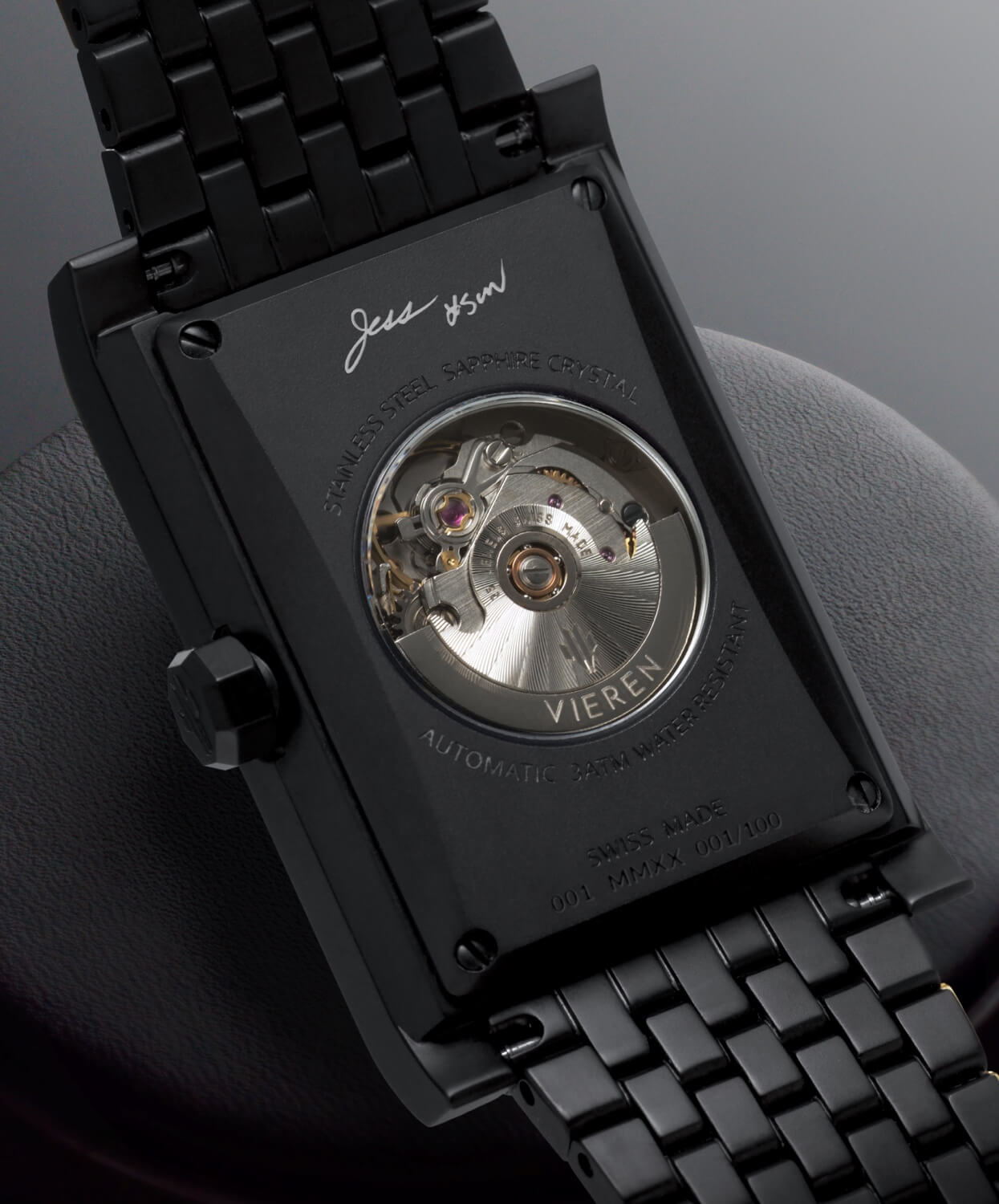 VIEREN black rectangular watch caseback with custom signature engraving