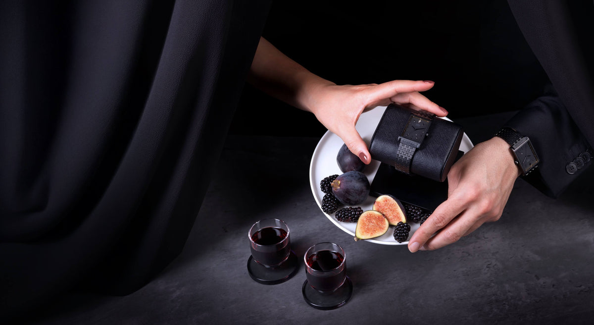 VIEREN black rectangular watches couples watch sets with figs and wine