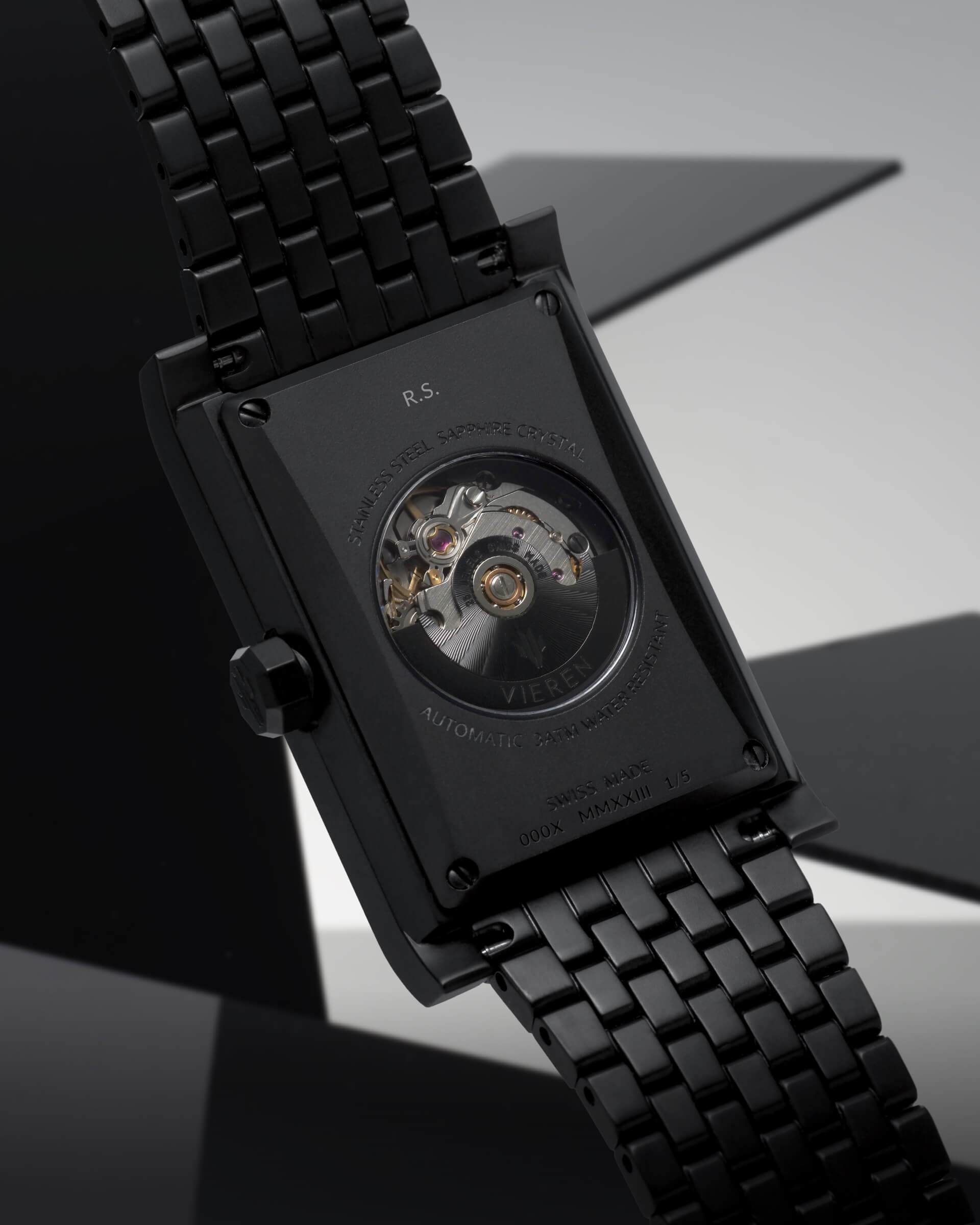 VIEREN Black Stereo Diamond rectangular watch caseback with personalized engraving