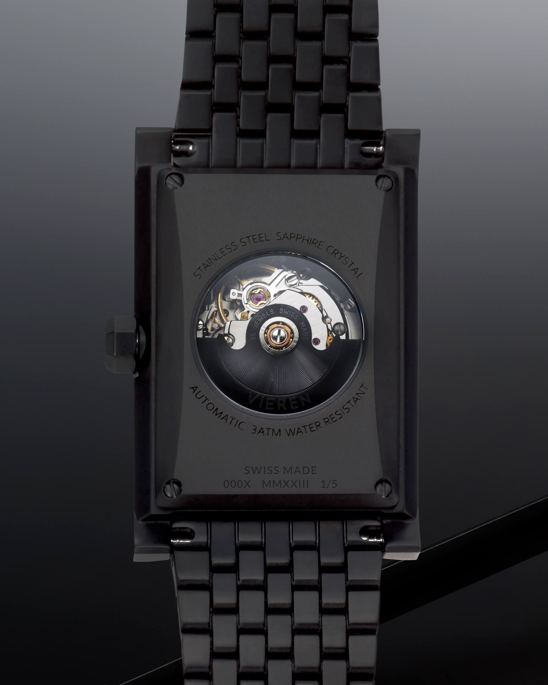 VIEREN Black Stereo Diamond rectangular watch with Swiss Made ETA 2671 automatic movement, 25 jewels, and 44-hour power reserve