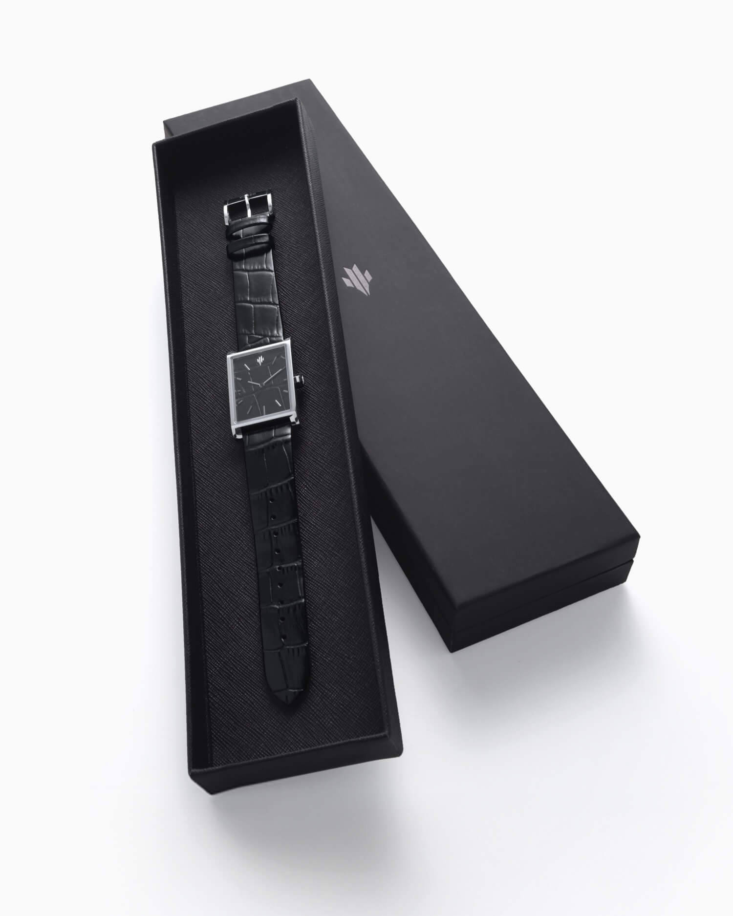 VIEREN black leather rectangular watch with vegan leather valet tray and luxury box set