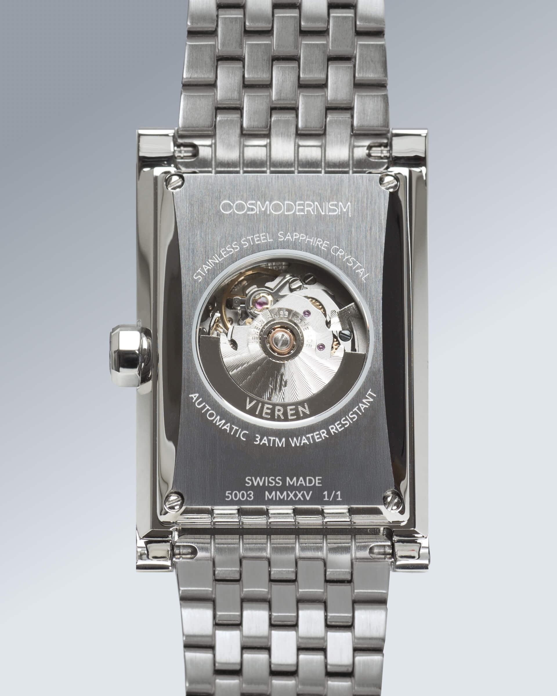 VIEREN x Cosmodernism rectangular watch with Swiss Made ETA 2671 automatic movement and engraved artist signature