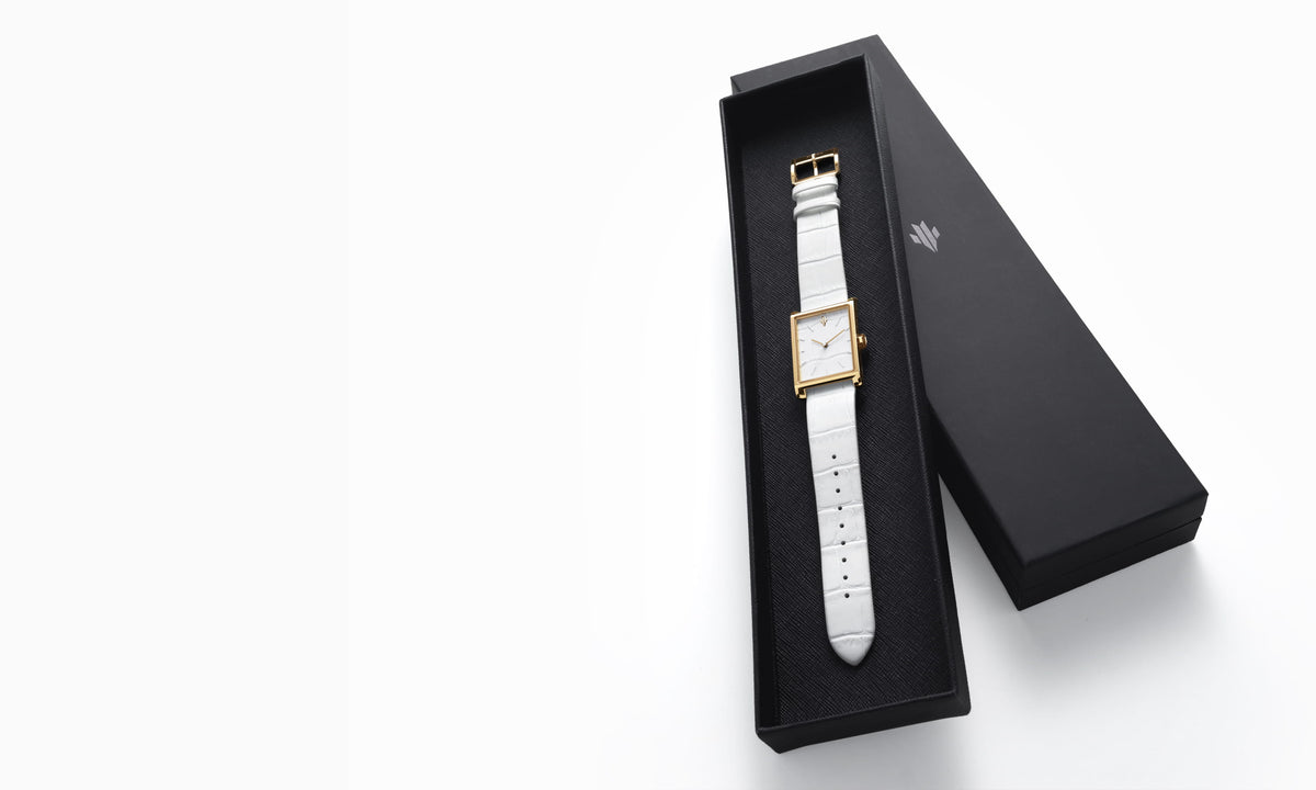 VIEREN Croc Collection gold rectangular watch leather strap with watch valet tray and box set packaging