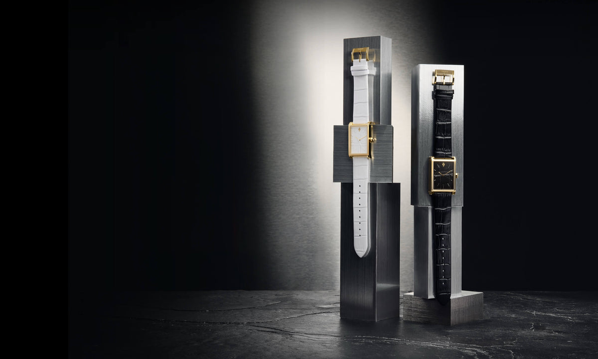 VIEREN Croc Collection black and white leather gold rectangular watches with genuine leather dial and strap