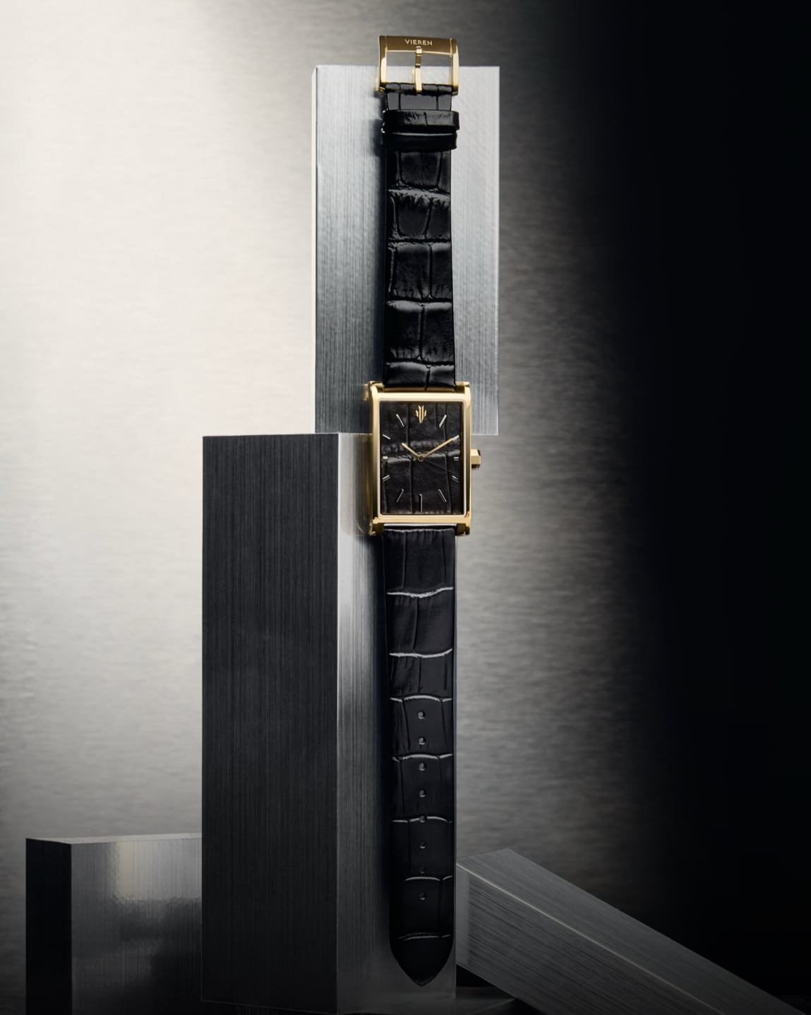 VIEREN Gold Black Croc leather rectangular watch with genuine leather dial and strap