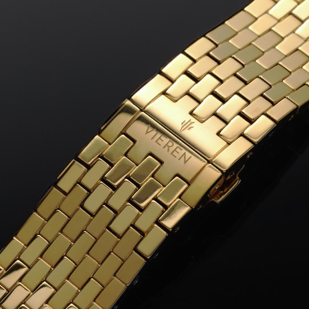 VIEREN Gold Mirror rectangular watch with integrated gold bracelet and dual deployment clasp