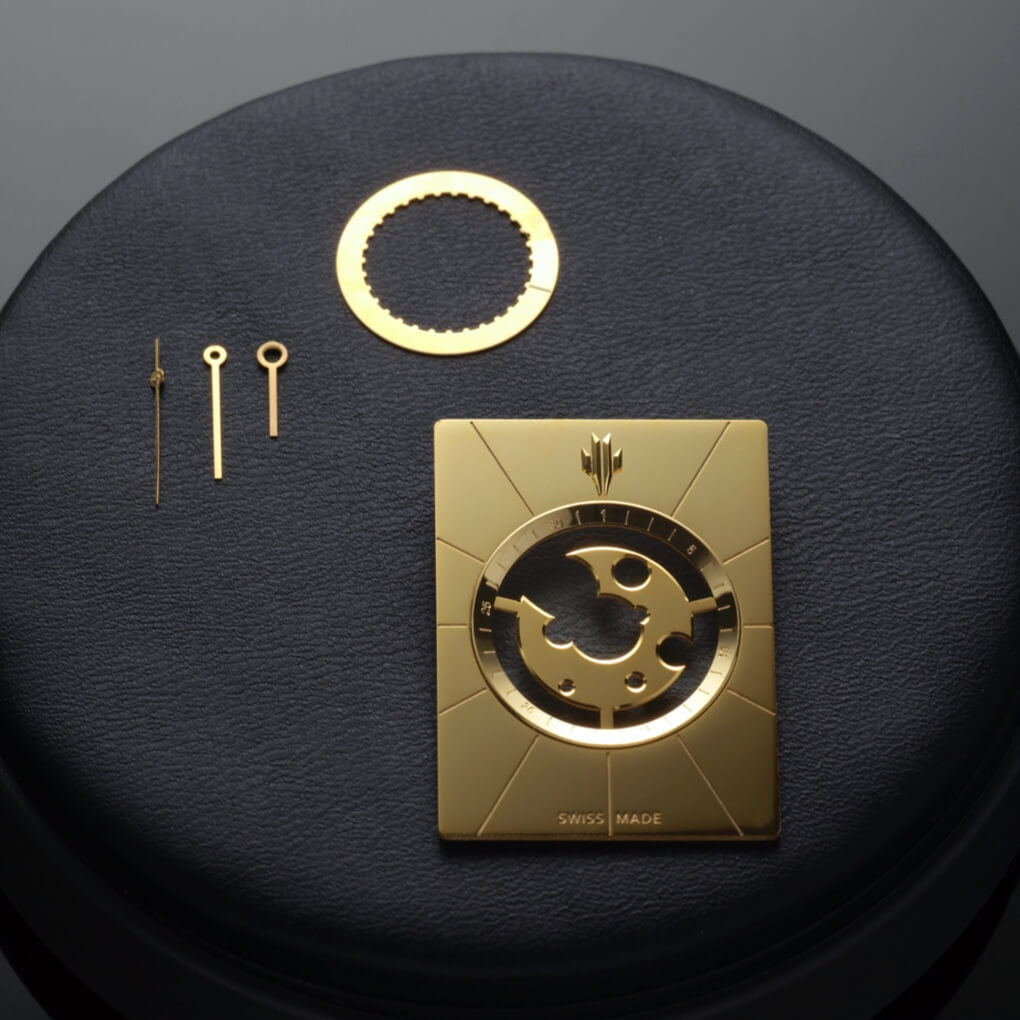 VIEREN Gold Mirror rectangular watch dial with polished skeleton design and gold hands