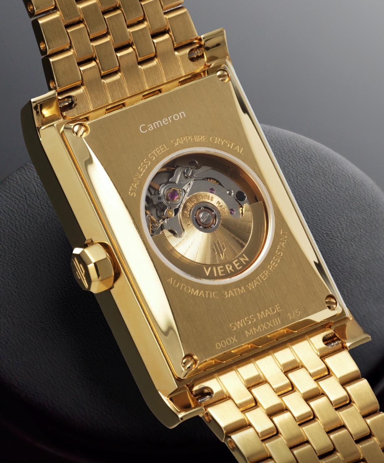 VIEREN gold rectangular watch caseback with "Cameron" name engraving