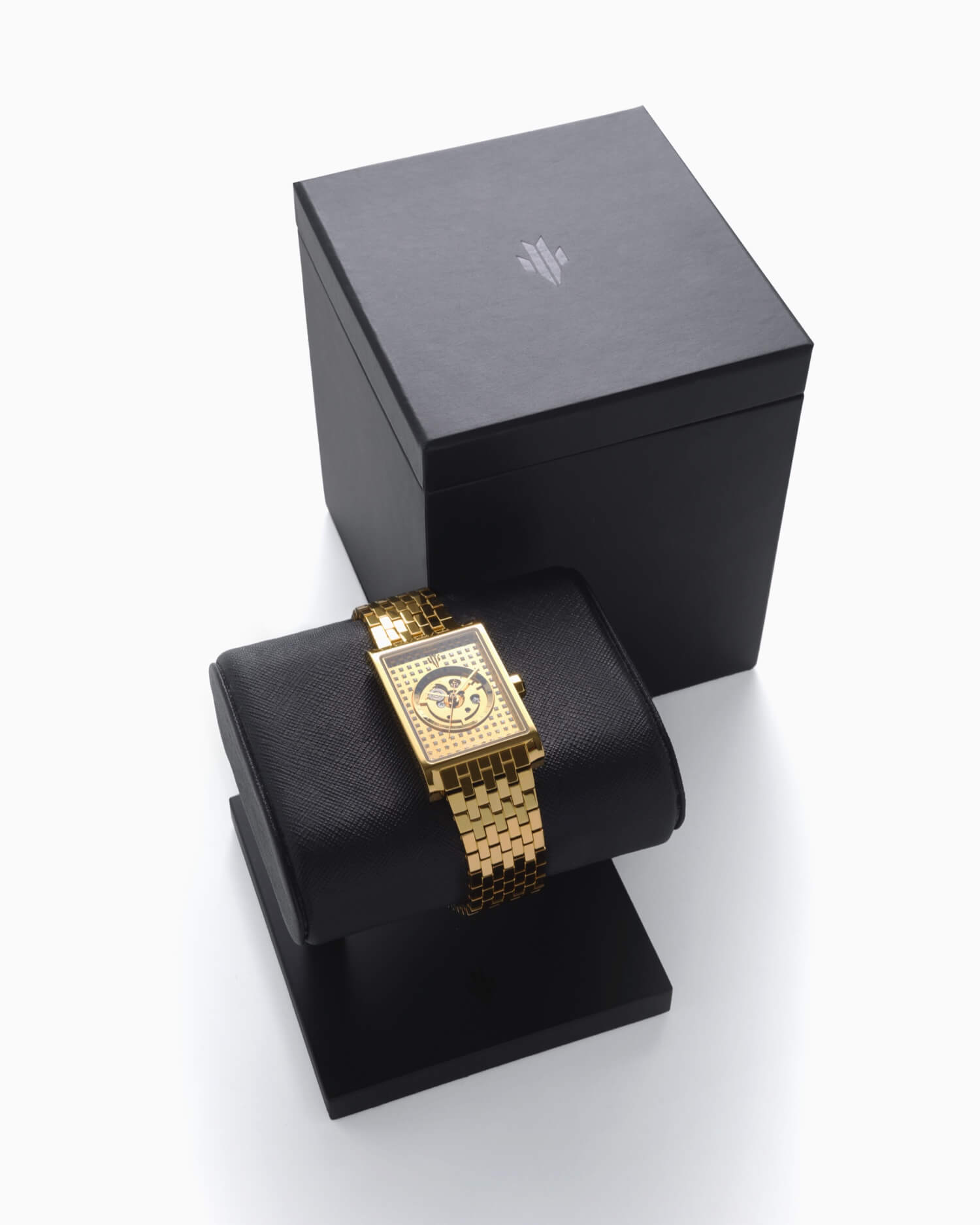 VIEREN gold rectangular watch with display stand and luxury box set