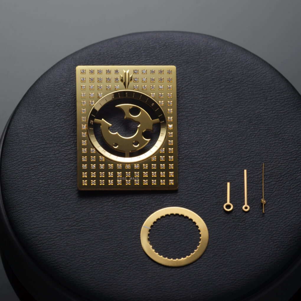VIEREN Gold Stereo Diamond rectangular watch dial with natural diamonds skeleton design and gold hands