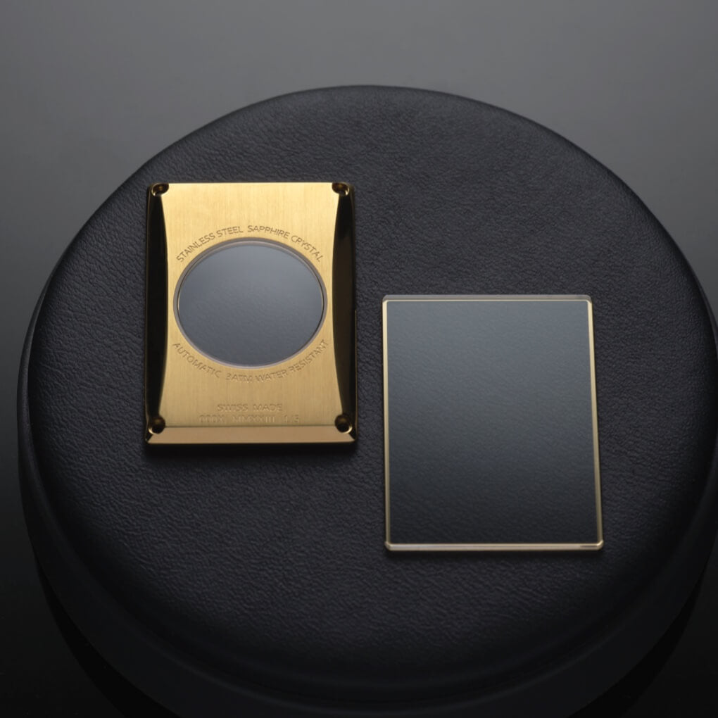 VIEREN Gold Sunray rectangular watch with sapphire crystal caseback