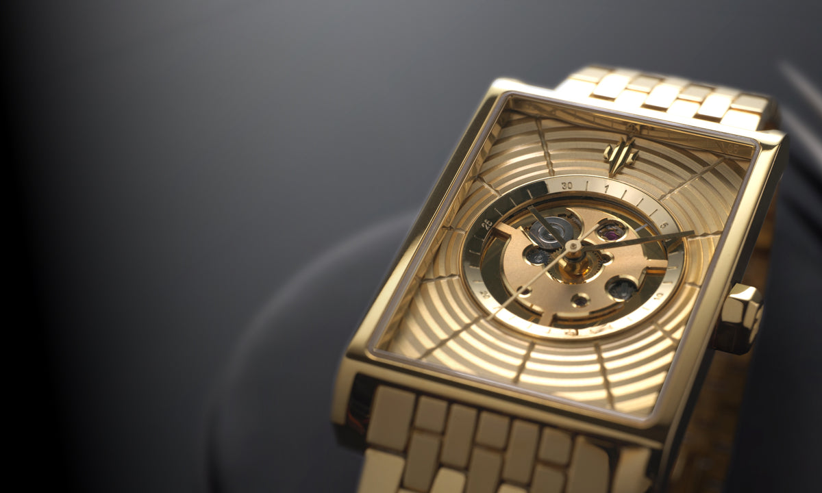 VIEREN Gold Waves rectangular watch with radial skeleton dial and Swiss automatic movement jewels