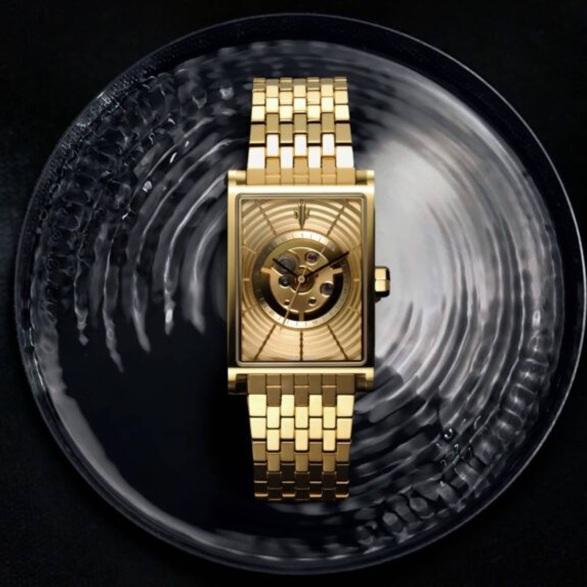 VIEREN Gold Waves rectangular skeleton watch with cymatics-inspired dial