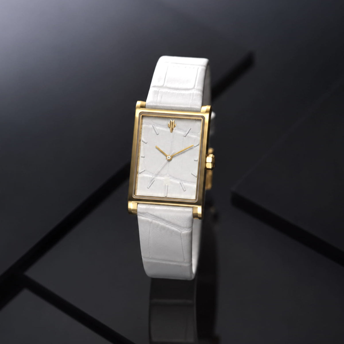 VIEREN Gold White Croc gold leather rectangular watch with leather strap and dial