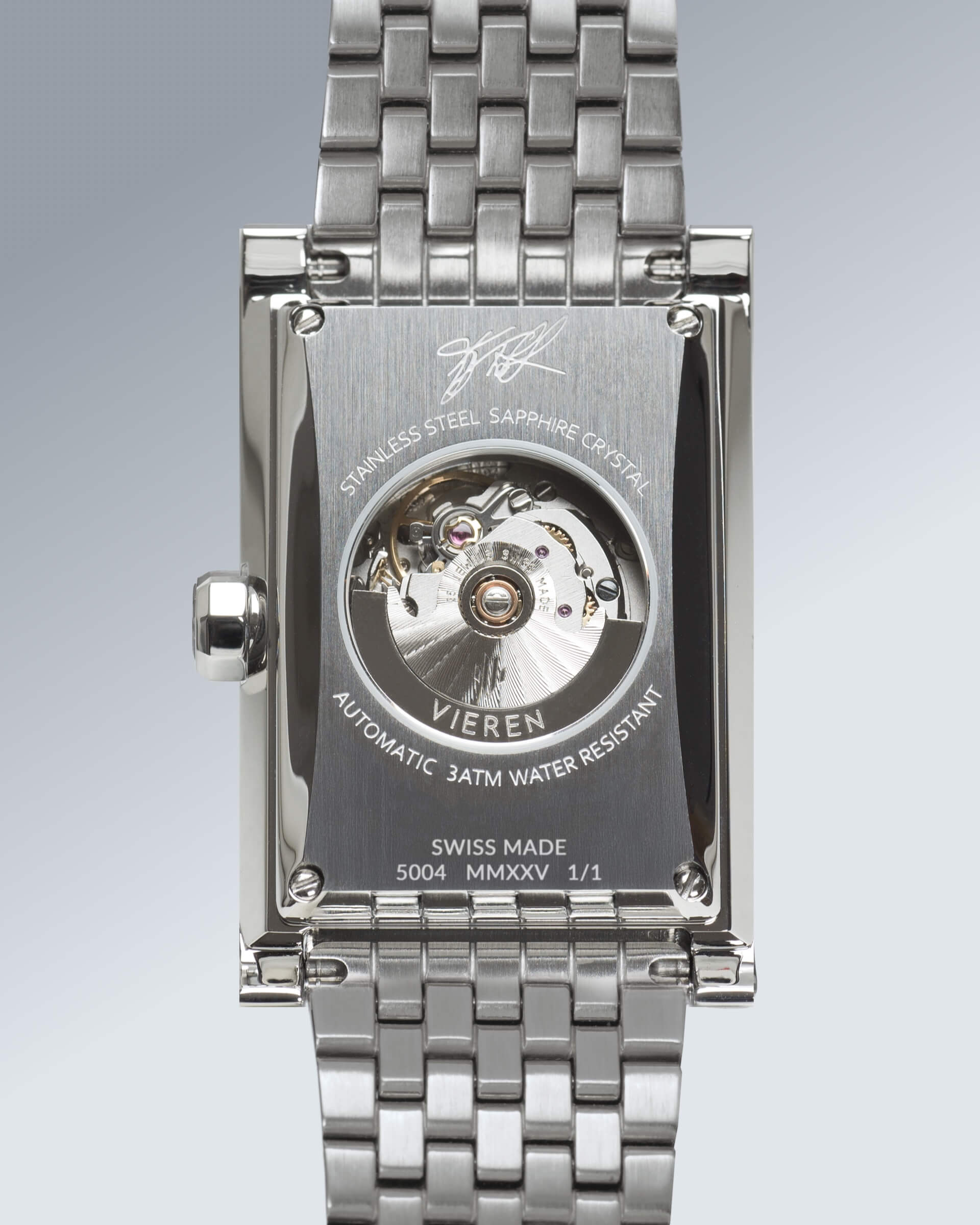 VIEREN x Kelly Violet rectangular watch with Swiss Made ETA 2671 automatic movement and engraved artist signature
