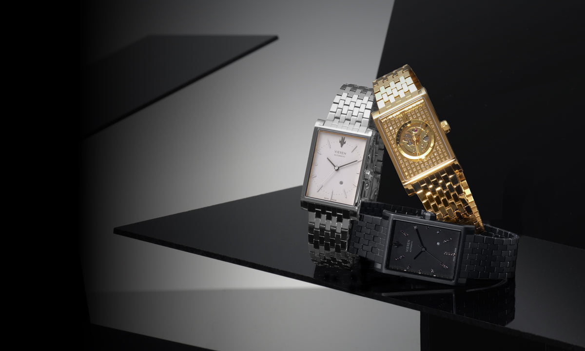 VIEREN rectangular watches in gold, silver, and black finishes
