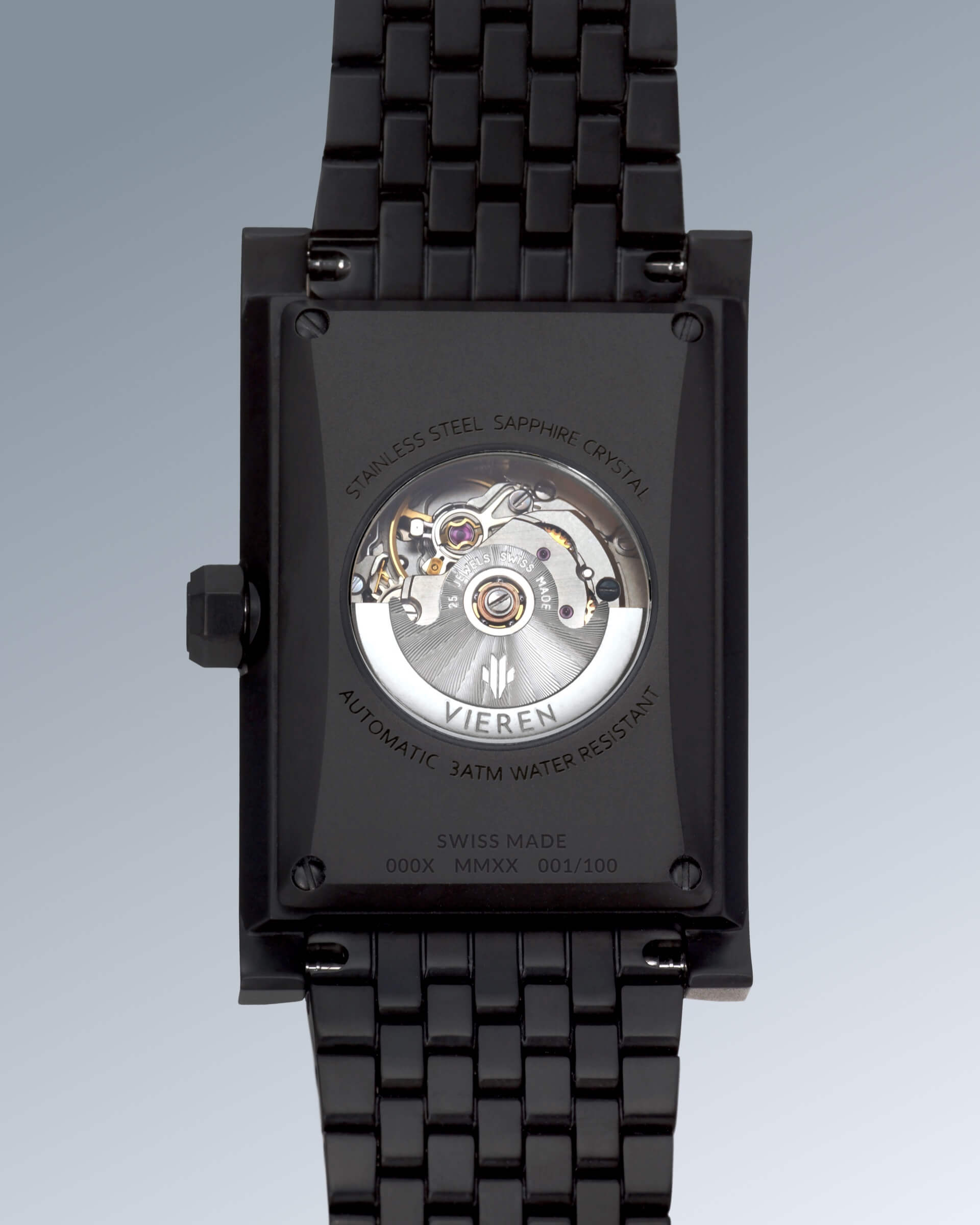 VIEREN Matte Black rectangular watch with Swiss Made ETA 2671 automatic movement, 25 jewels, and 44-hour power reserve