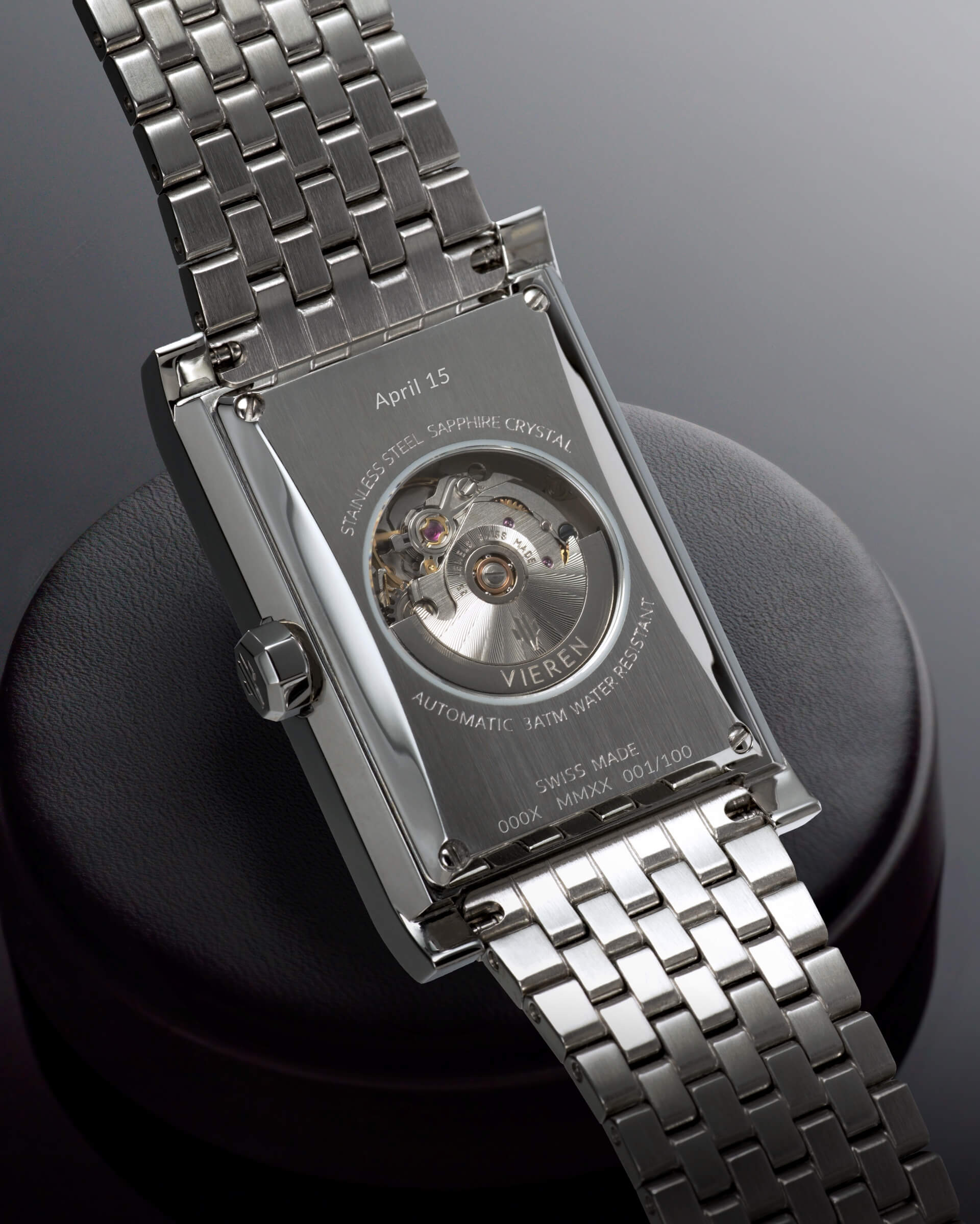 VIEREN Matte White rectangular watch caseback with personalized engraving