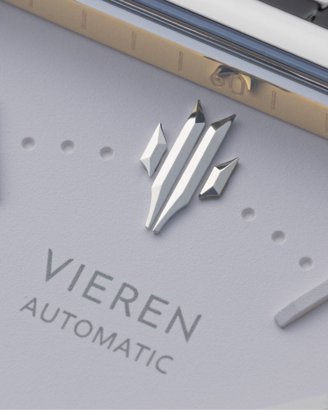 VIEREN Matte White rectangular watch dial with signature 18K gold rehaut ring and icon detail