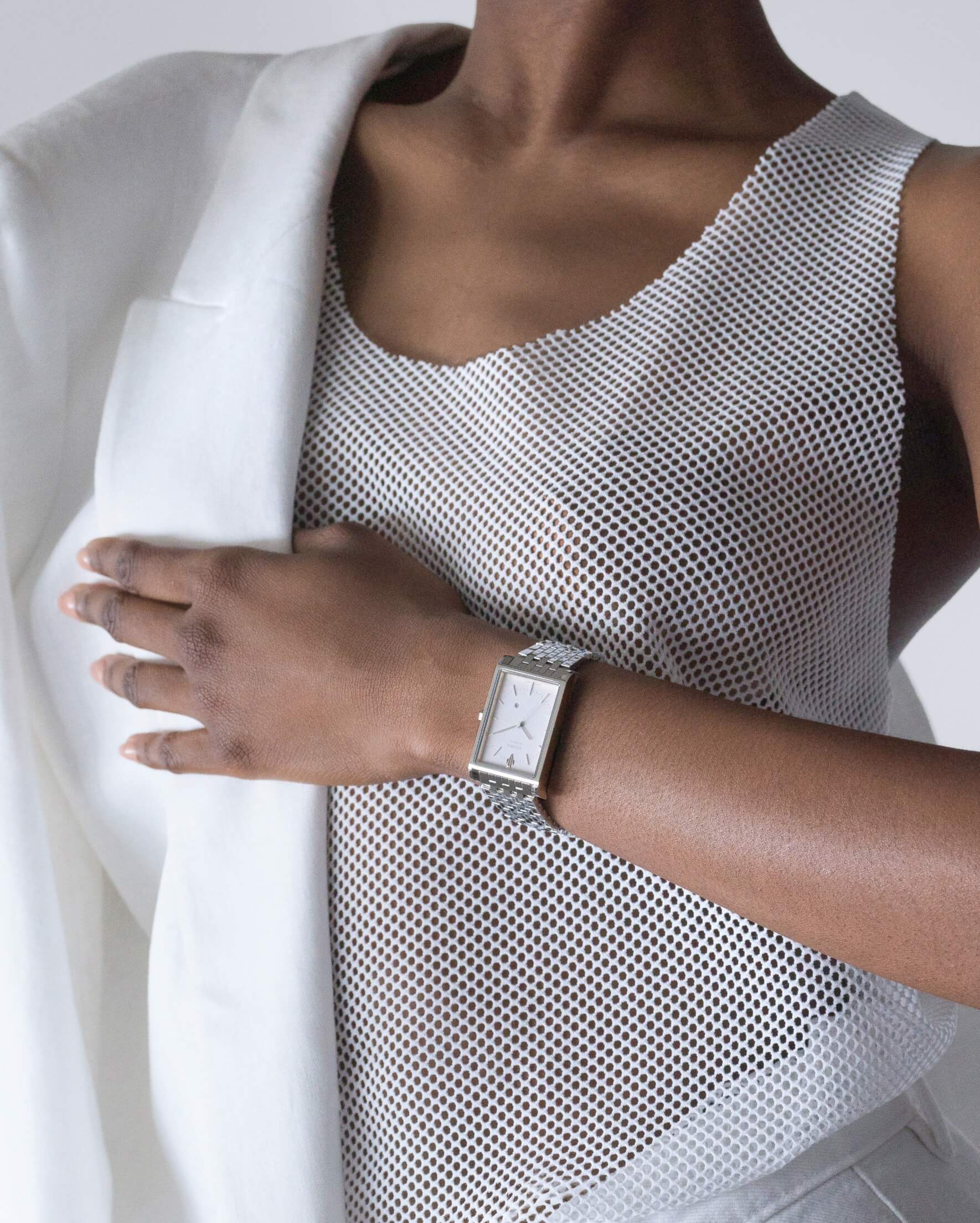 VIEREN Matte White women's automatic watch styled with a white outfit