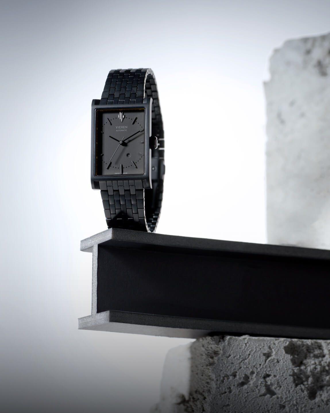 VIEREN Matte Black rectangular watch with DLC coated case