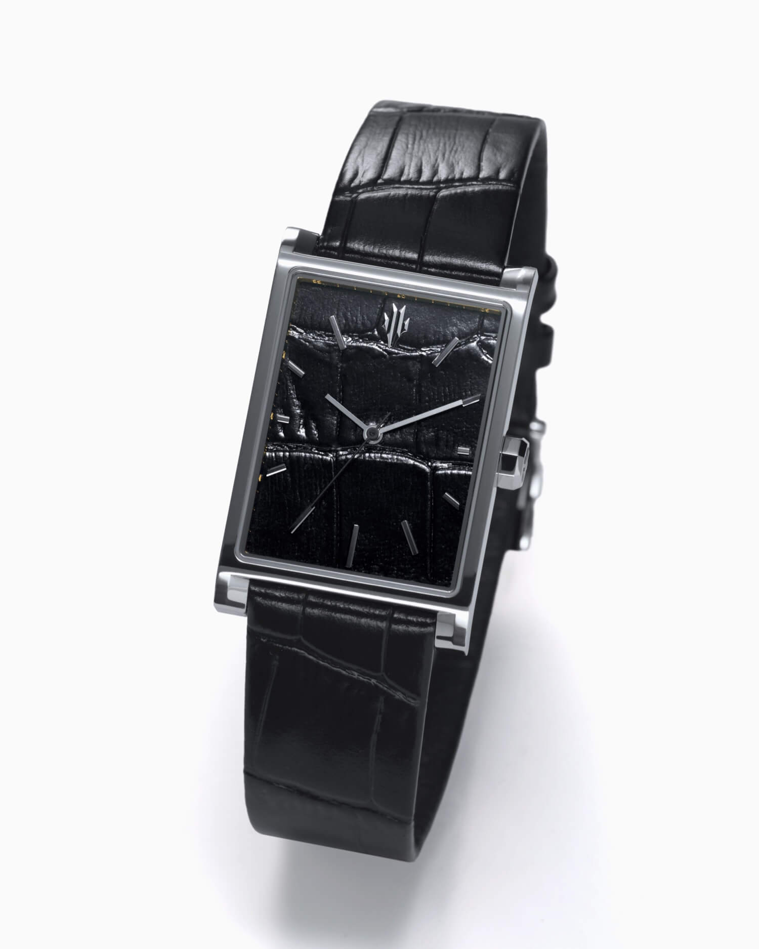 VIEREN Black Croc Leather rectangular watch angled view