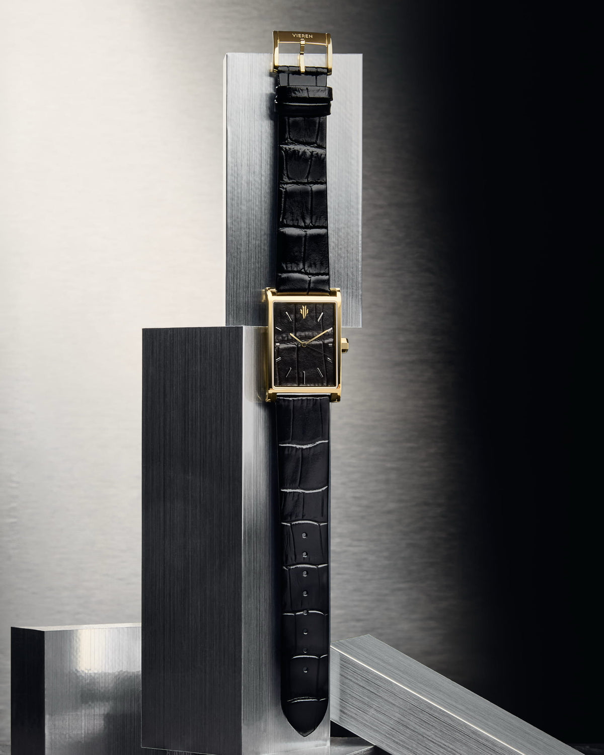 VIEREN Gold Black Croc gold rectangular watch with black croc-embossed leather strap and stainless steel blocks