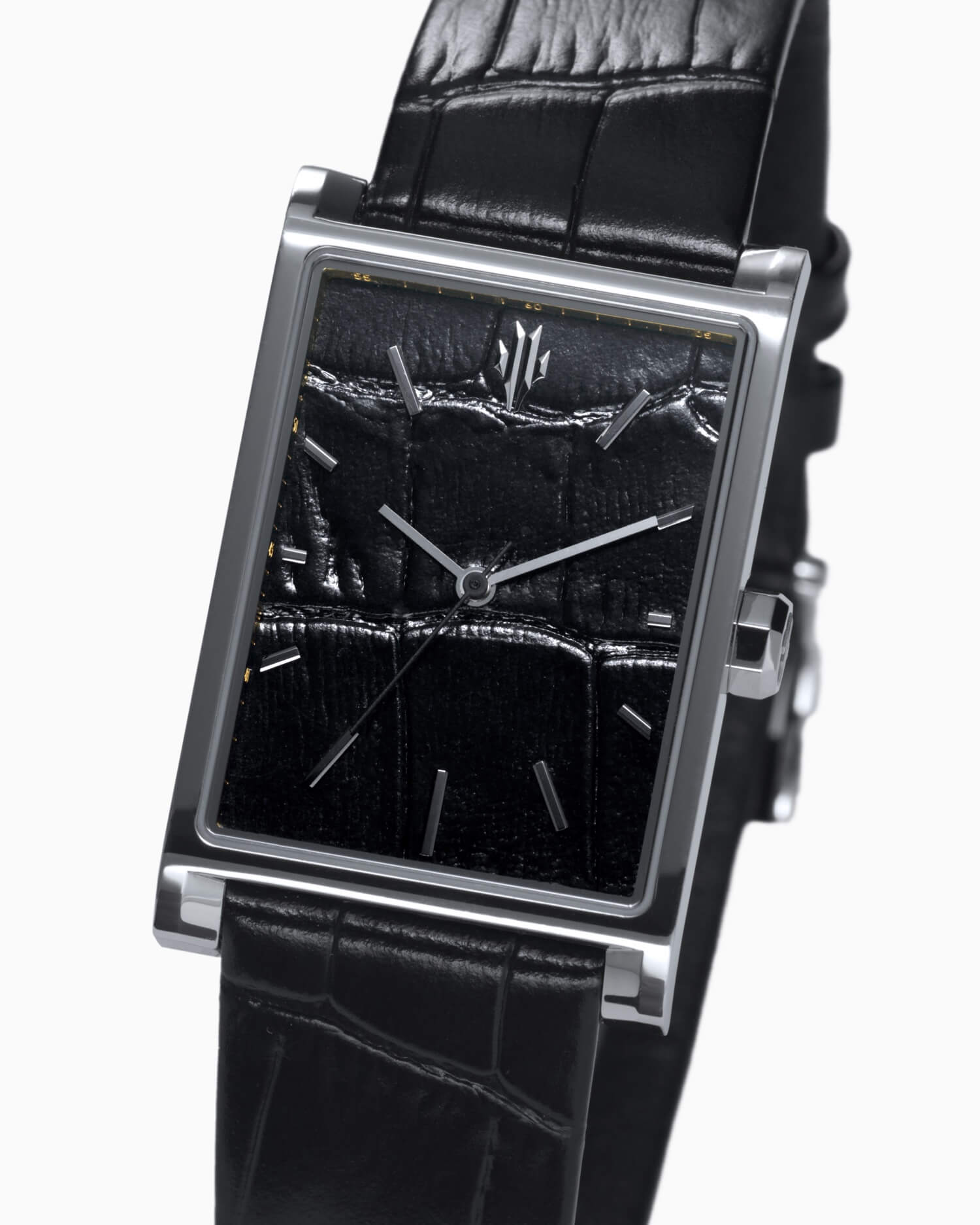 VIEREN Black Croc Leather rectangular watch dial with silver icon and 18K gold rehaut ring