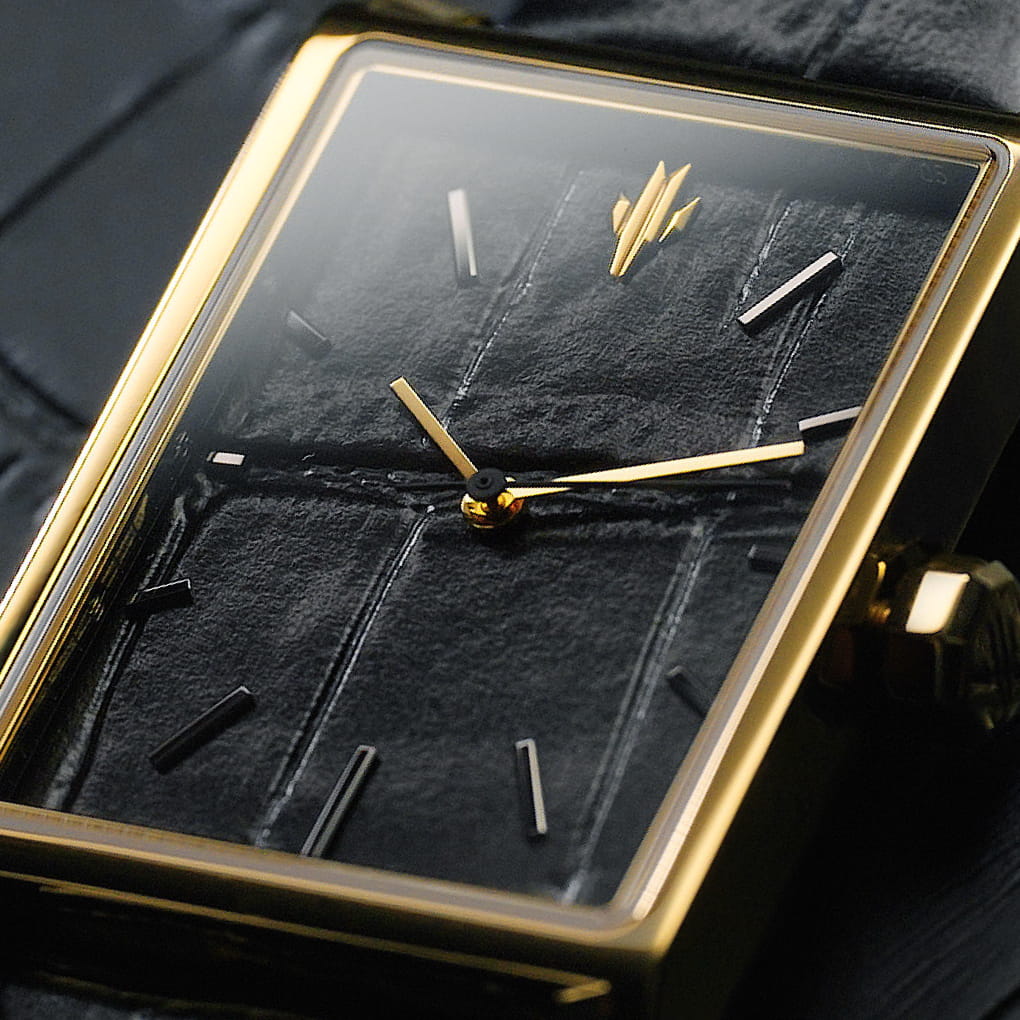 VIEREN Gold Black Croc gold rectangular watch with croc-embossed black leather dial close-up