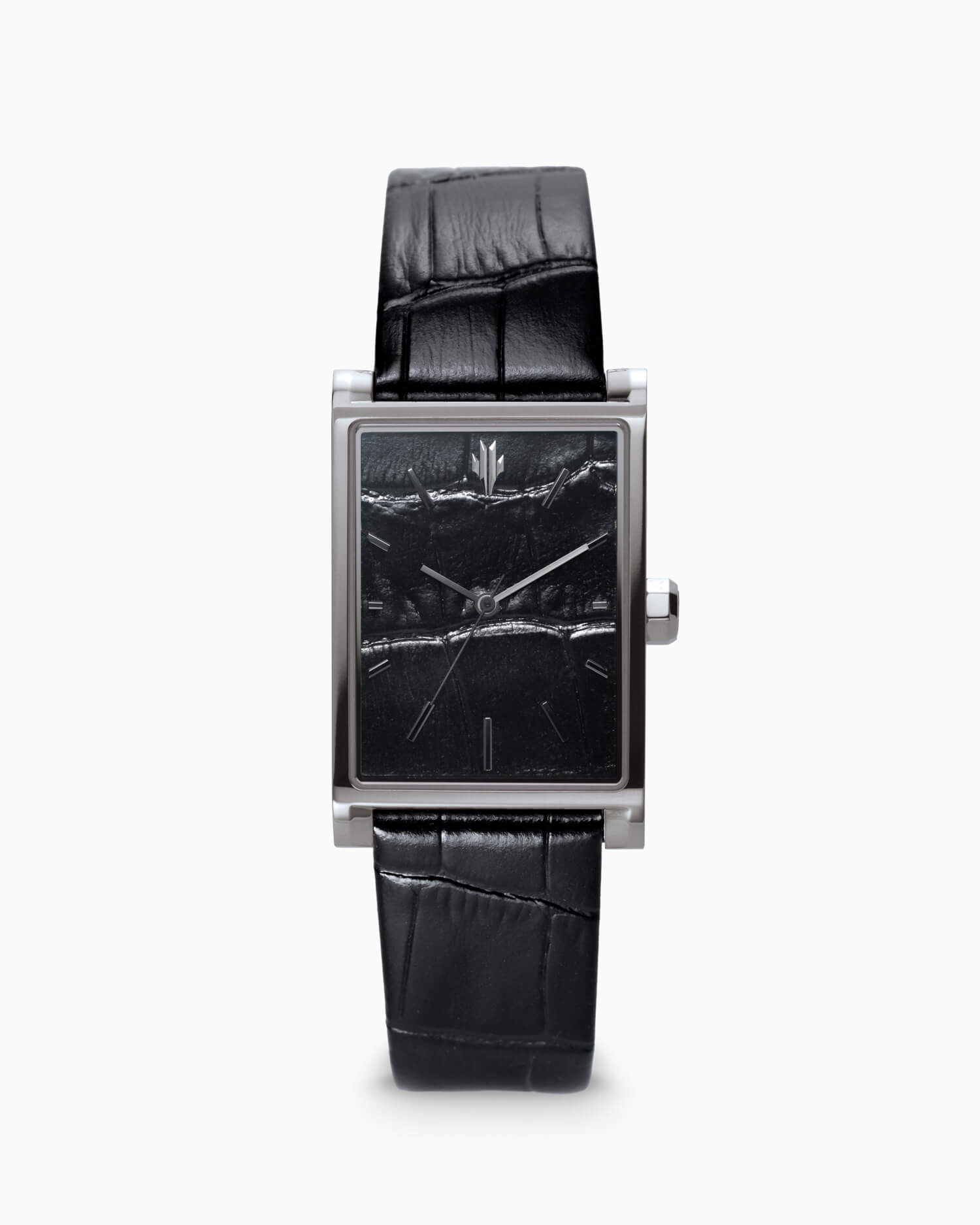 VIEREN Black Croc Leather rectangular watch front view